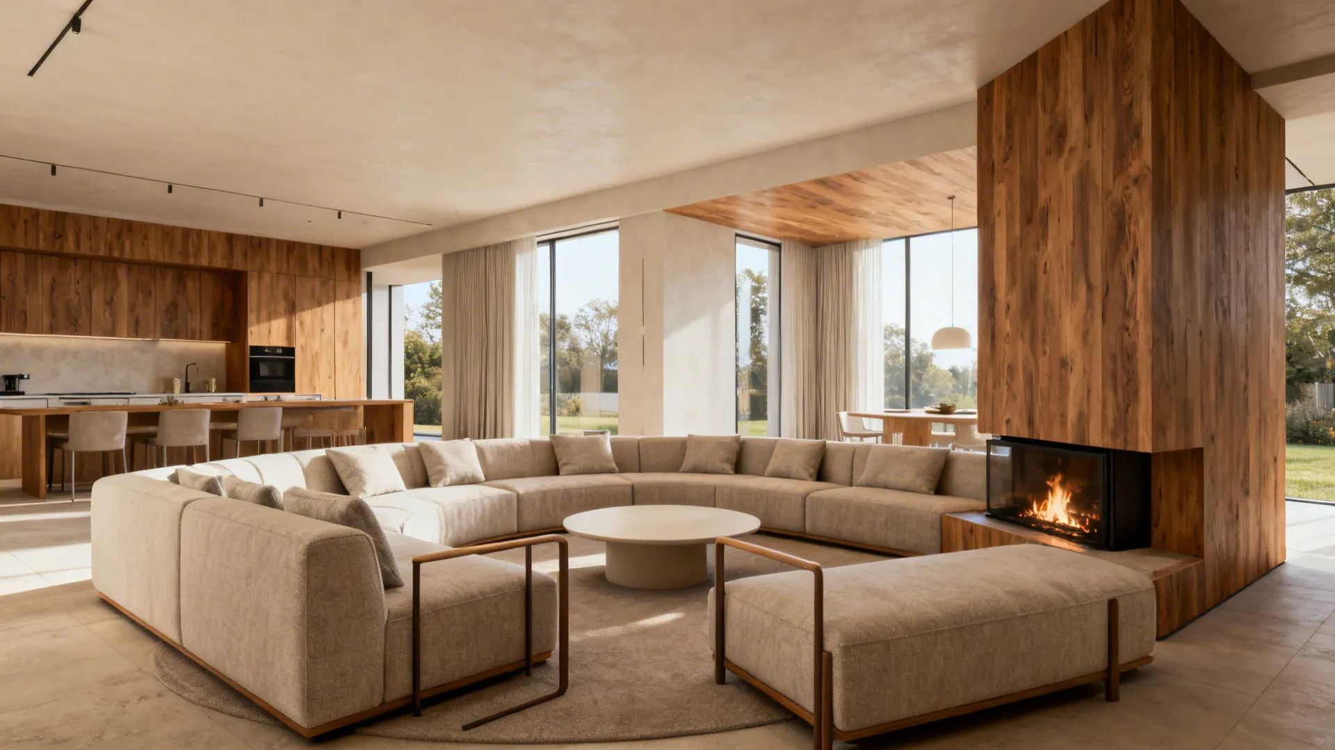 L-shaped sectional wrapping around a corner fireplace with a round coffee table