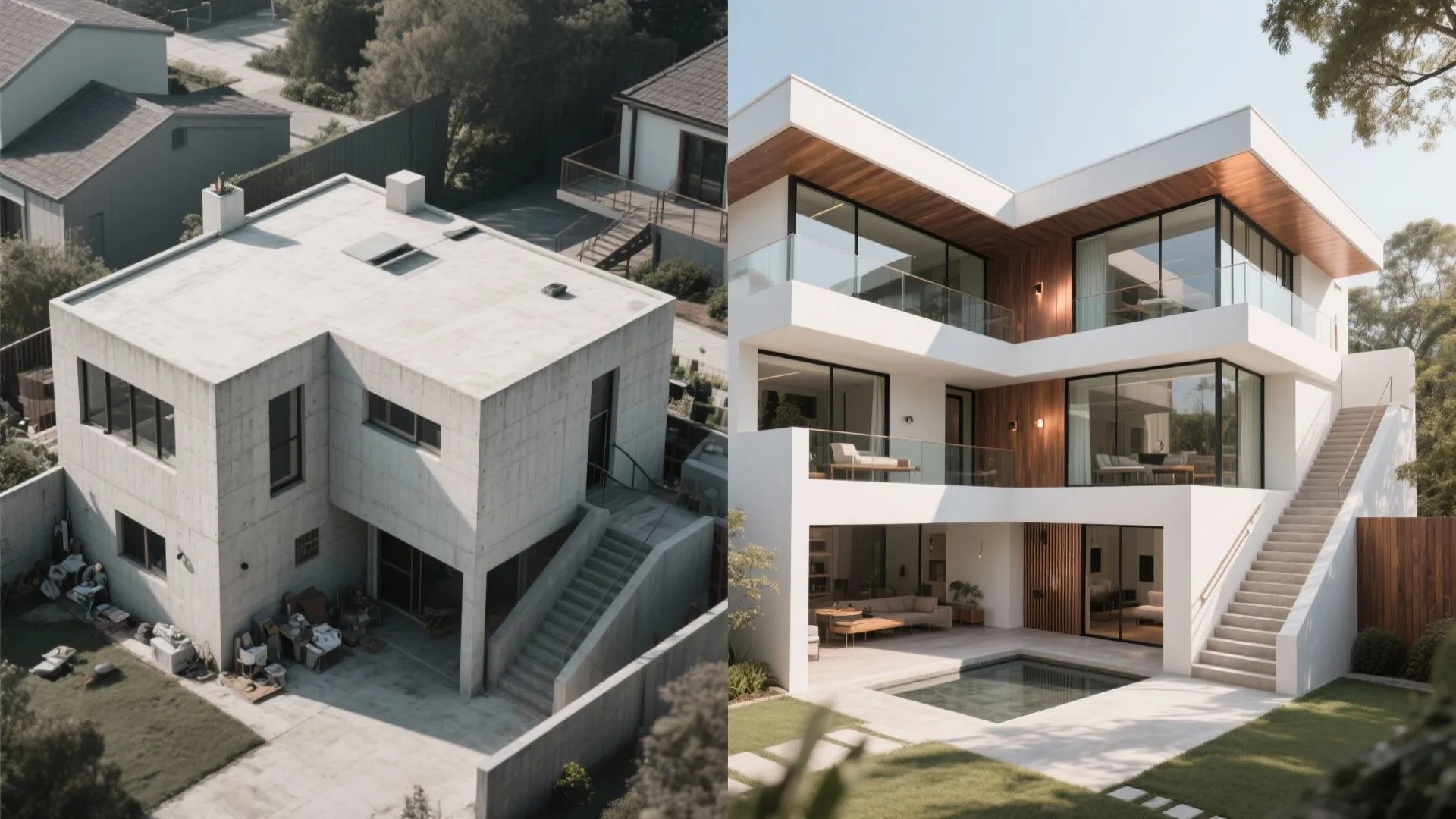 Side by side comparison of a grey concrete house and a modern white luxury villa