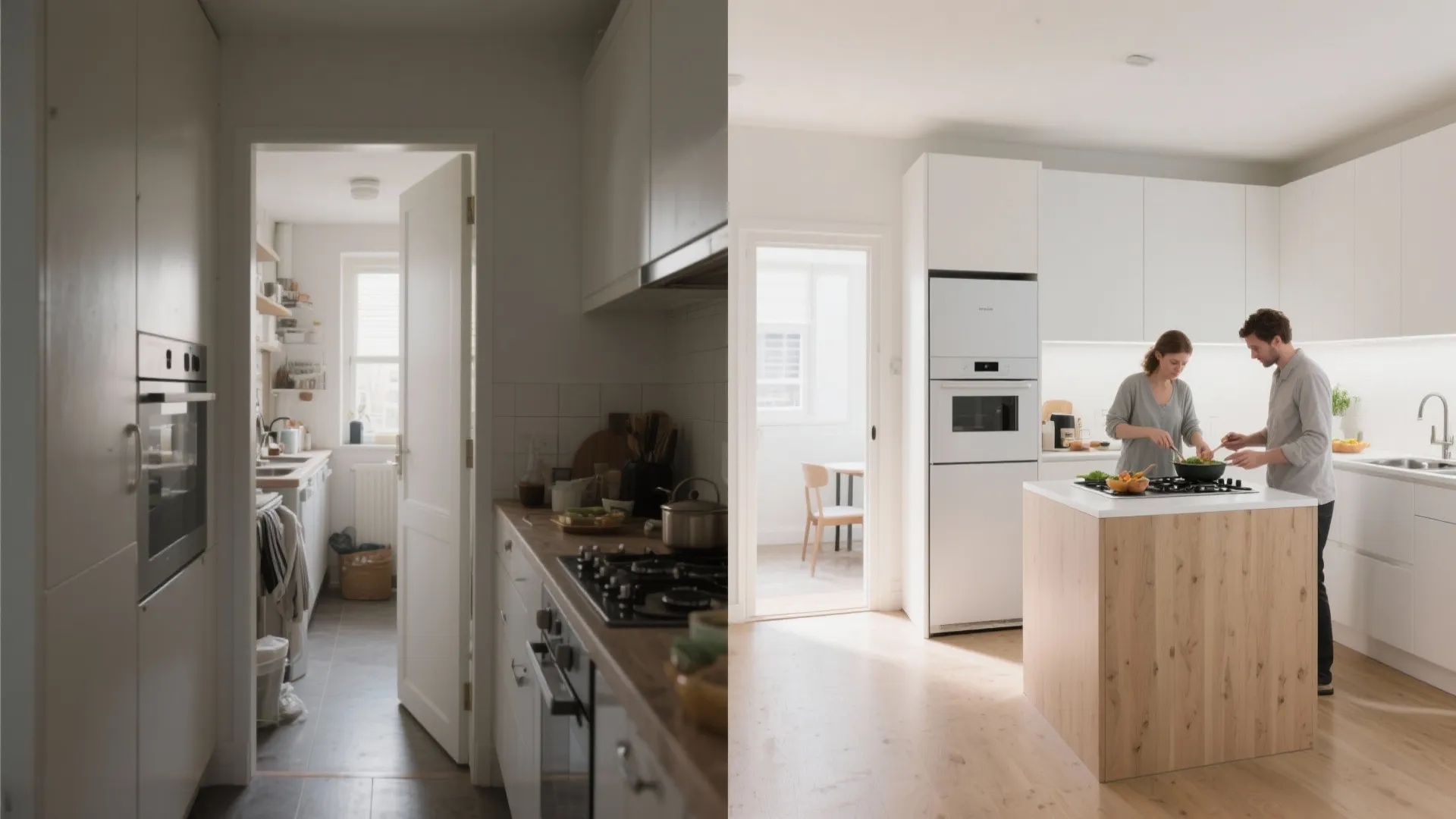Before-and-after view from cramped galley to efficient L-shaped layout with clear entry.