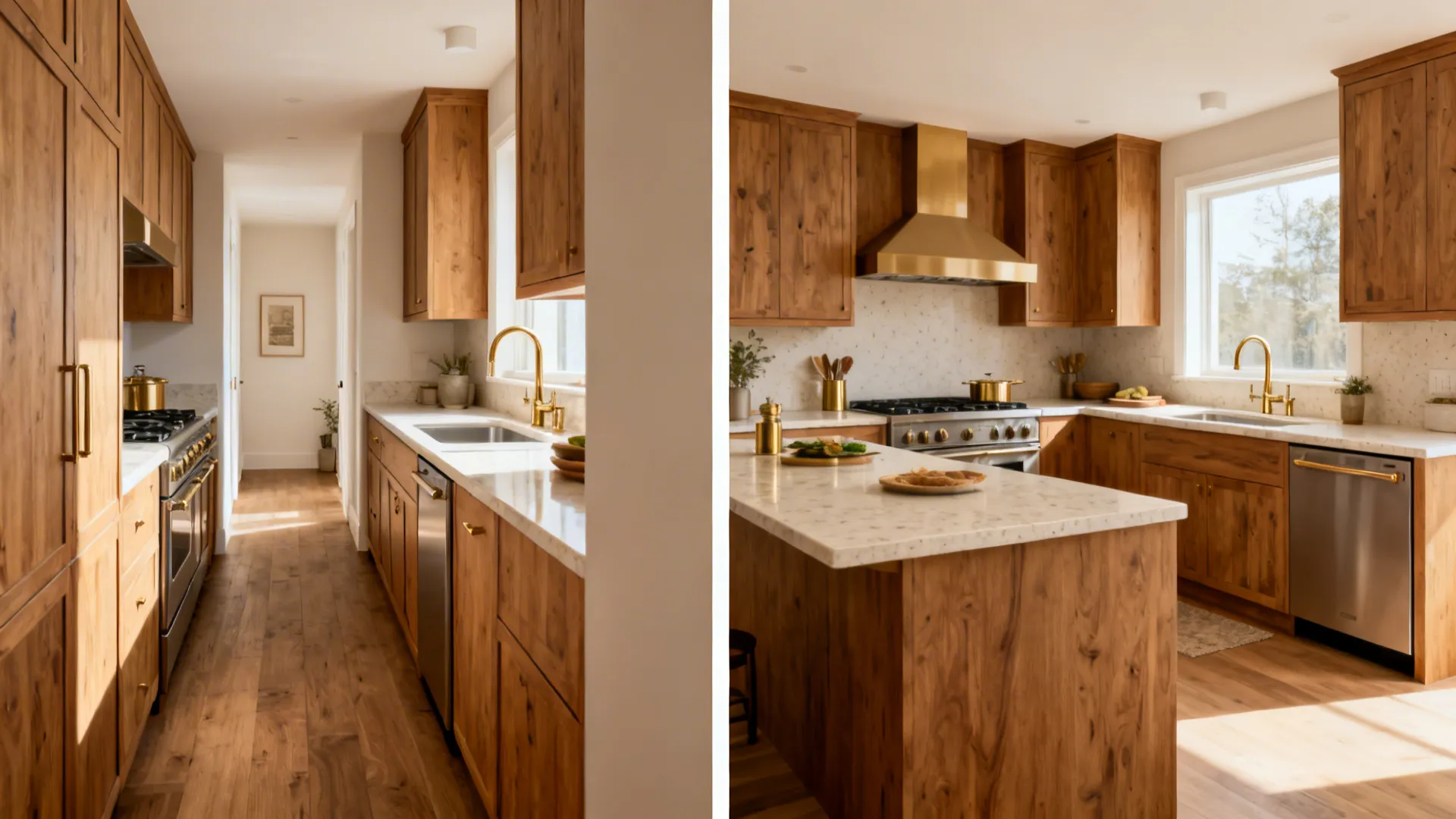 Before-and-after comparison showing a galley converted to an L-shaped kitchen with Vastu-aligned zones.