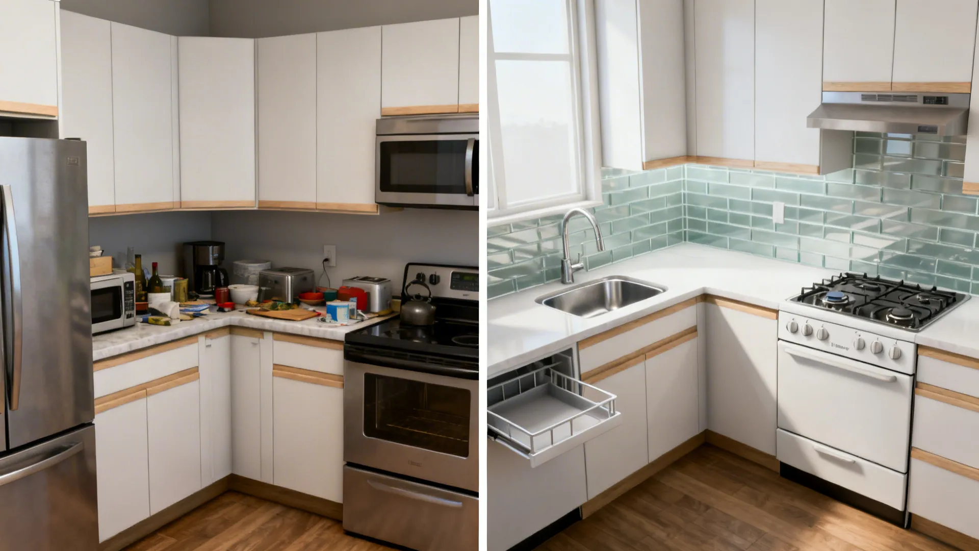 Before-and-after comparison of a 6x8 kitchen corner improved with an L-shaped layout and corner tray.