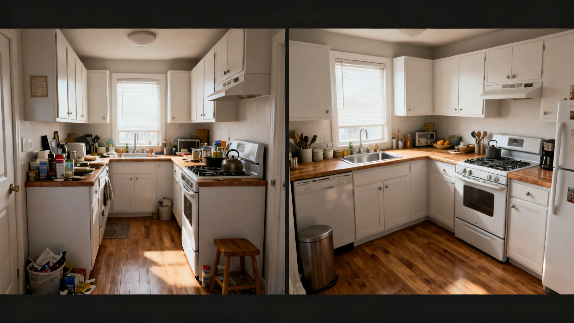 Before-and-after comparison of a micro kitchen from a cluttered line to an efficient L-shaped layout.