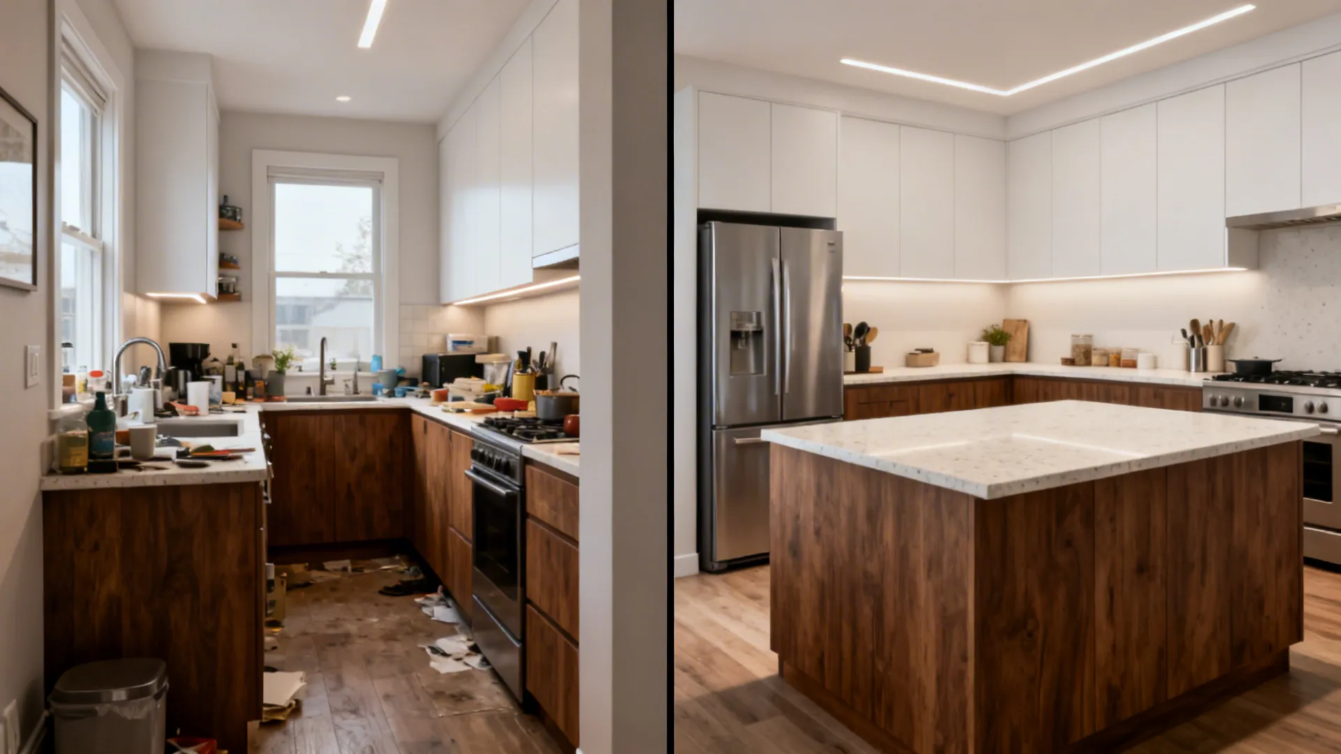 Before-and-after of a compact kitchen shifting from U-shape to a clean L-shape with more counter space.