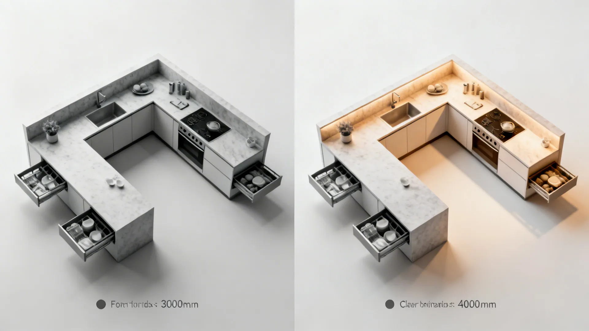 Before-and-after top-down plans showing a galley converted to an efficient L-shaped kitchen.