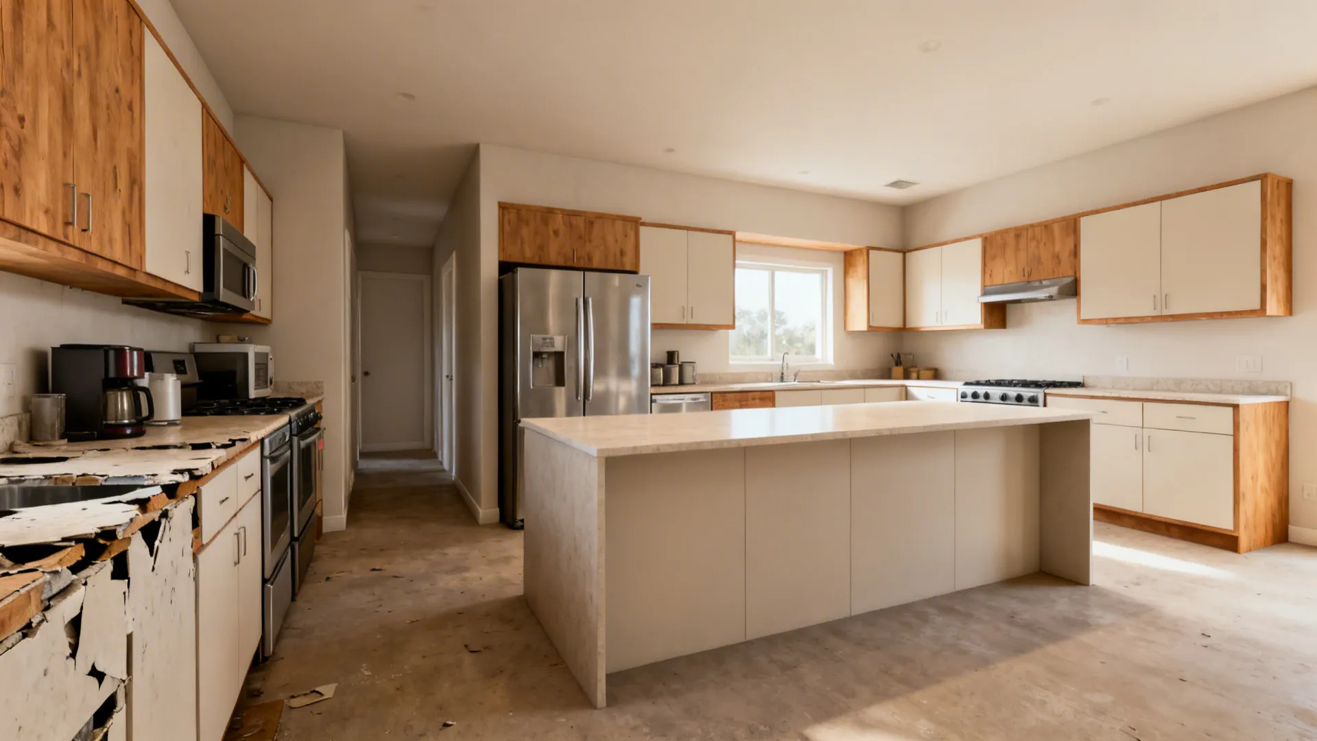 Comparison of old damaged kitchen counter next to new modern white and wood cabinet design