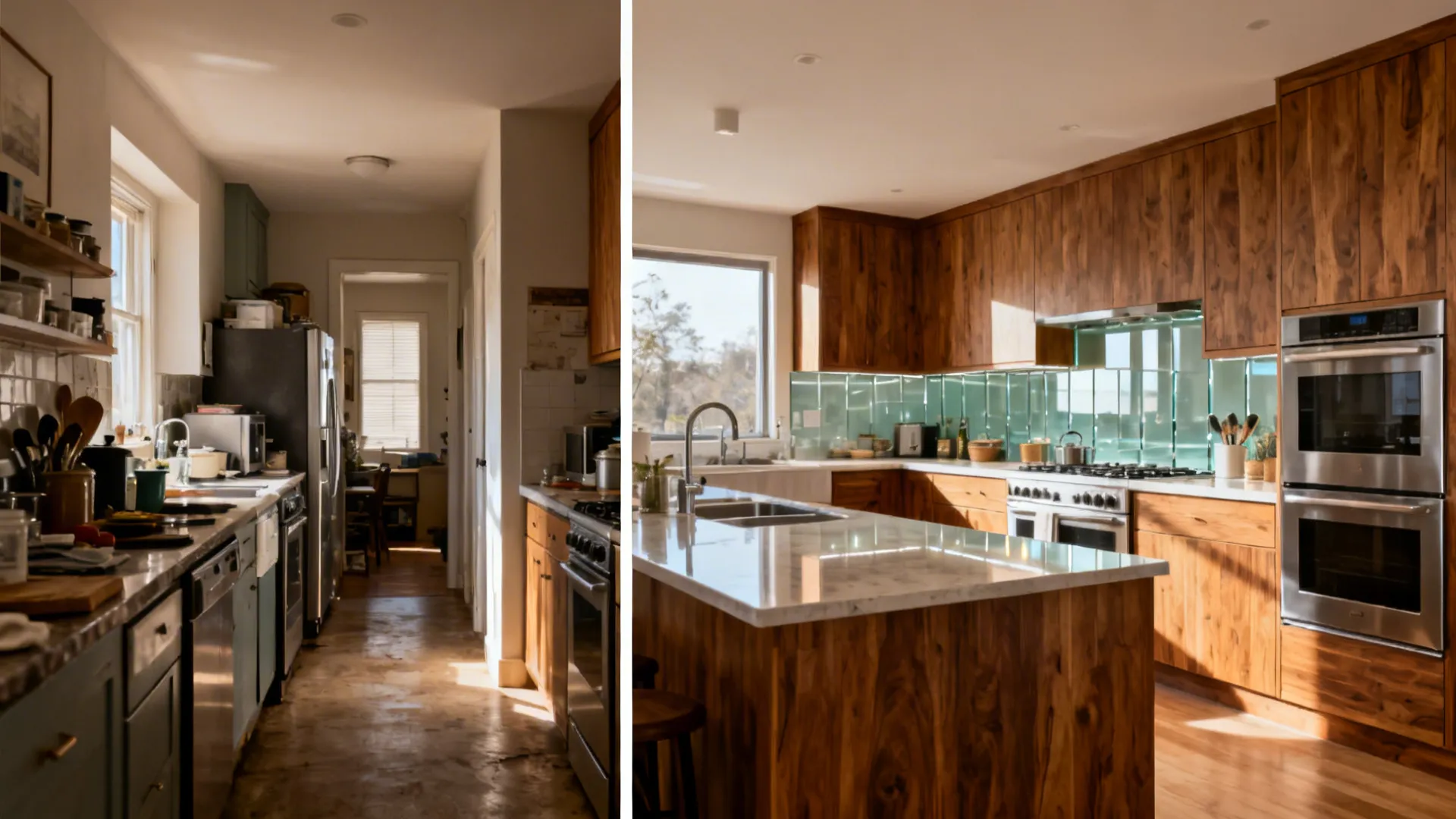 Before-and-after split: cramped galley versus bright L-shaped compact kitchen.