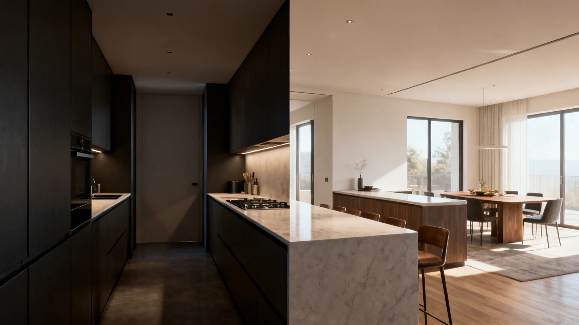Before and after comparison showing a dark narrow kitchen versus a bright open plan area