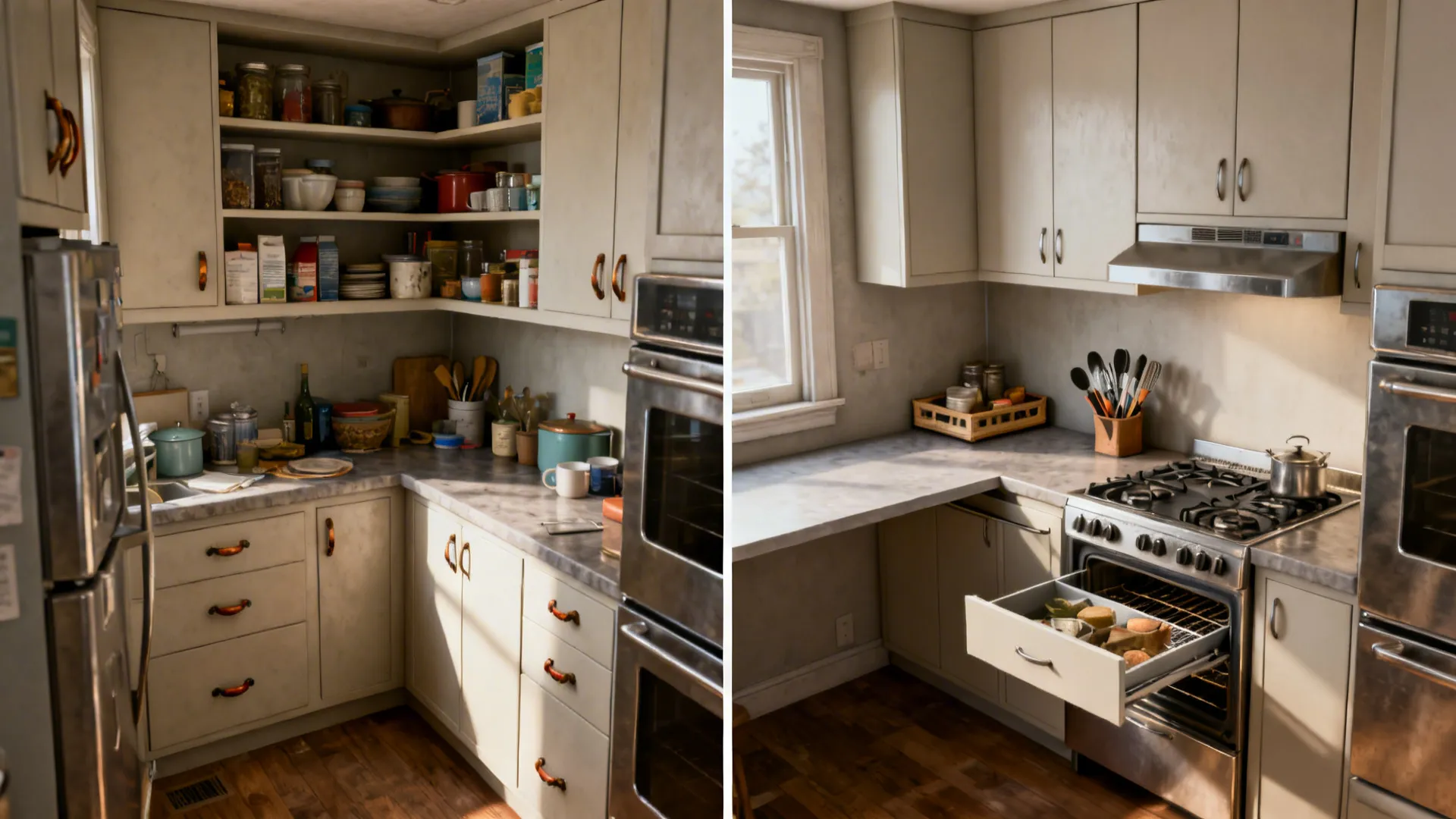 Before-and-after of a 70 sq ft kitchen transforming to an efficient L-shaped plan with cleaner storage.