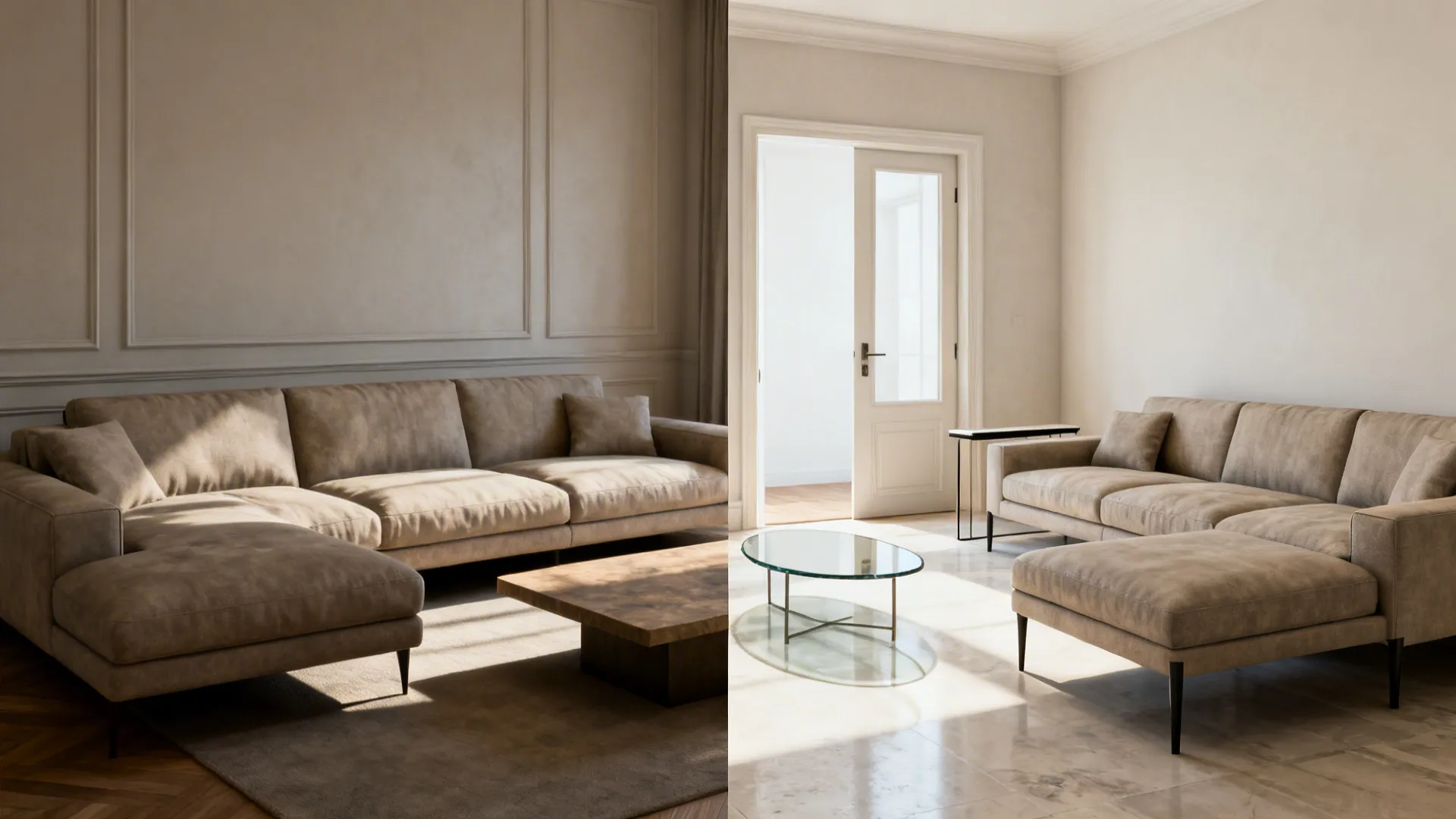 Before-and-after showing bulky layout replaced by a slim L-shaped sofa and glass table to open circulation.