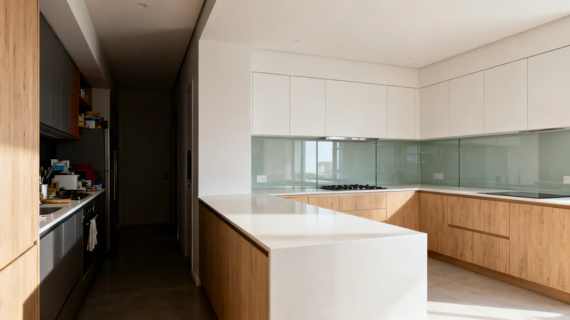 Before-and-after of a 7x12 kitchen from dark galley to bright L-shaped layout with longer counter.