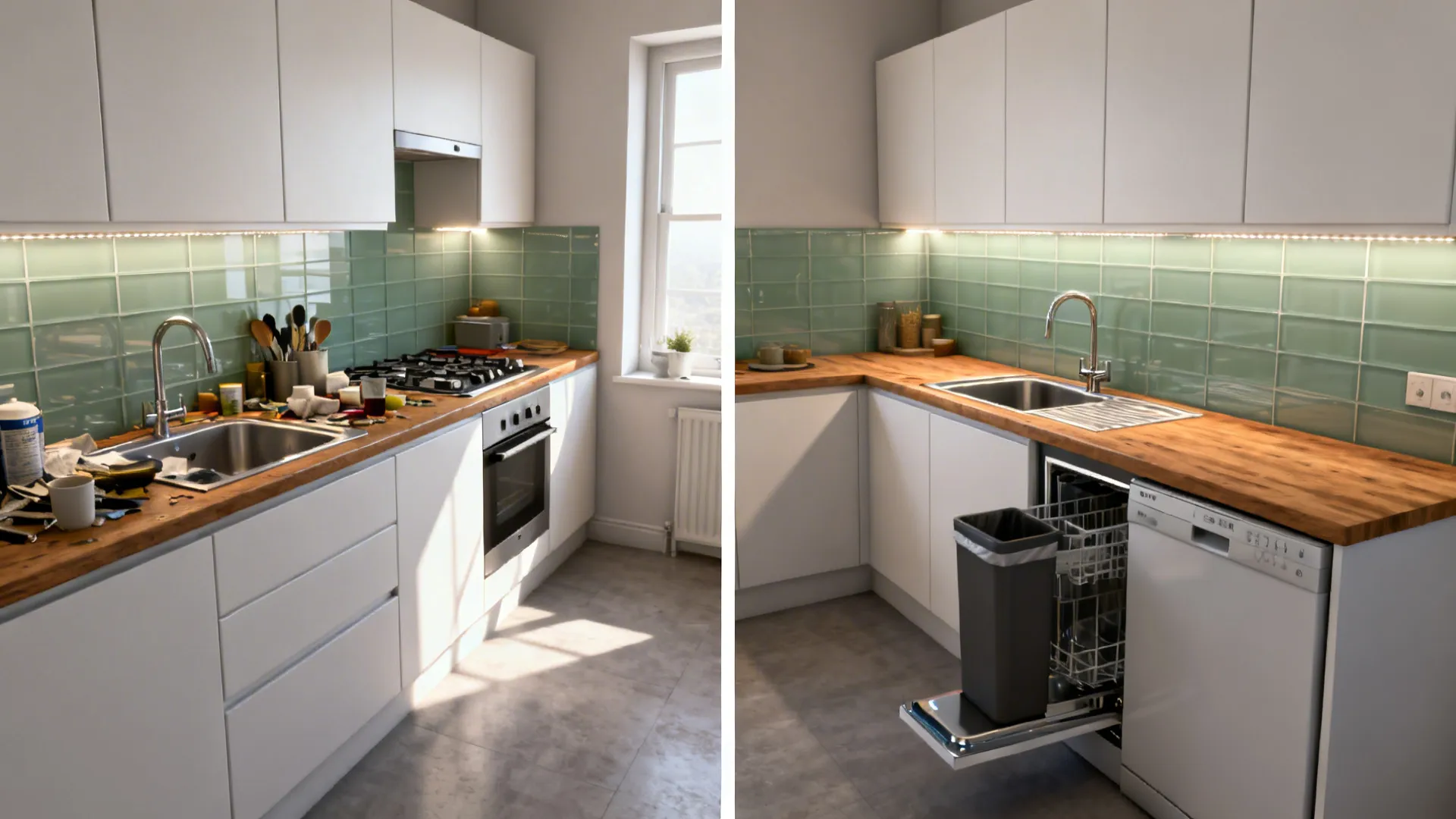 Split view of a small kitchen before and after with an L-shaped layout creating a clear prep zone.