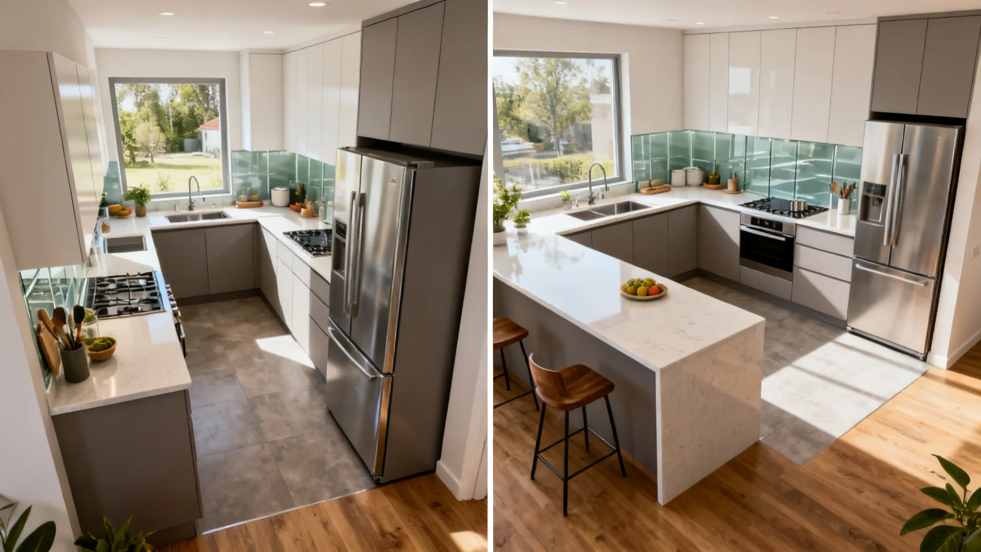 Before-and-after views show a fragmented layout transformed into an efficient L-shaped kitchen.