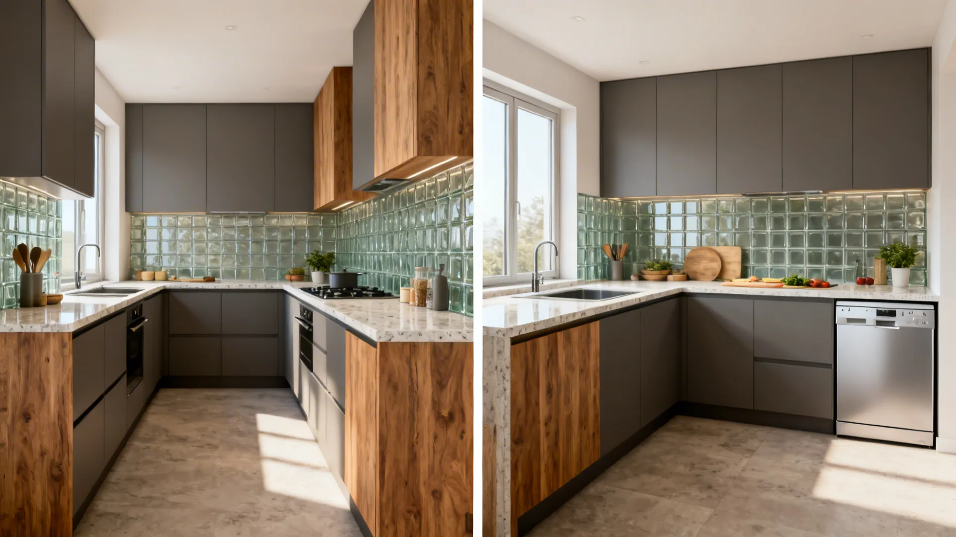 Before and after comparison of a modern kitchen with grey cabinets wooden accents and green backsplash