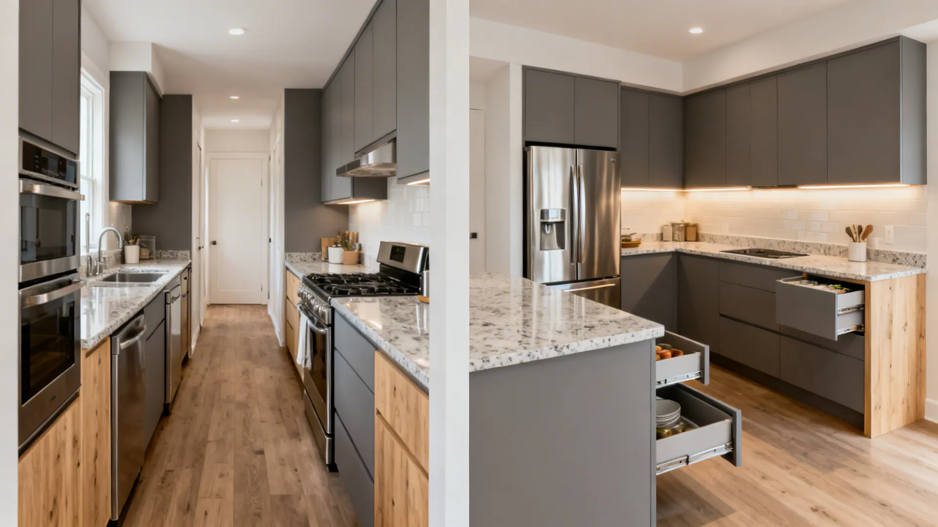 Before-and-after comparison showing a straight-run kitchen redesigned into an efficient L-shaped layout.