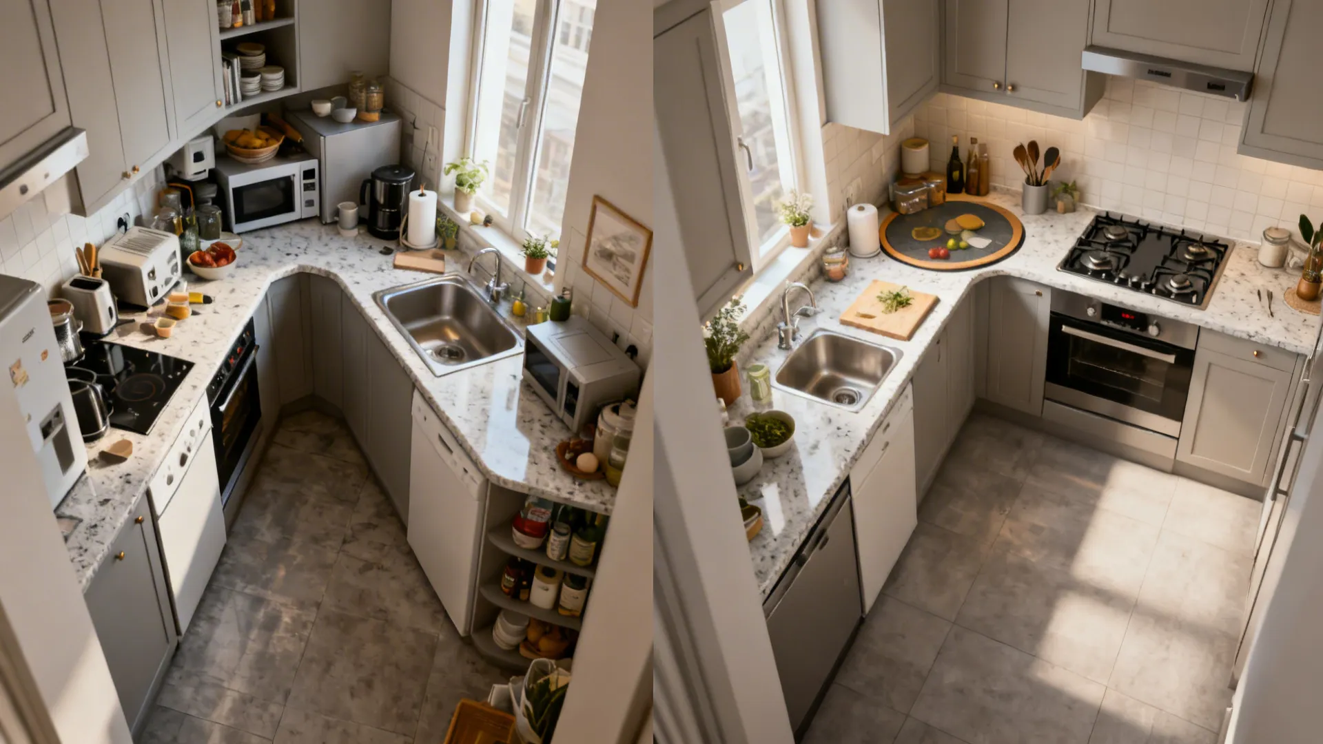 Before-and-after comparison showing cluttered counter transformed into a two-zone L-shaped layout.