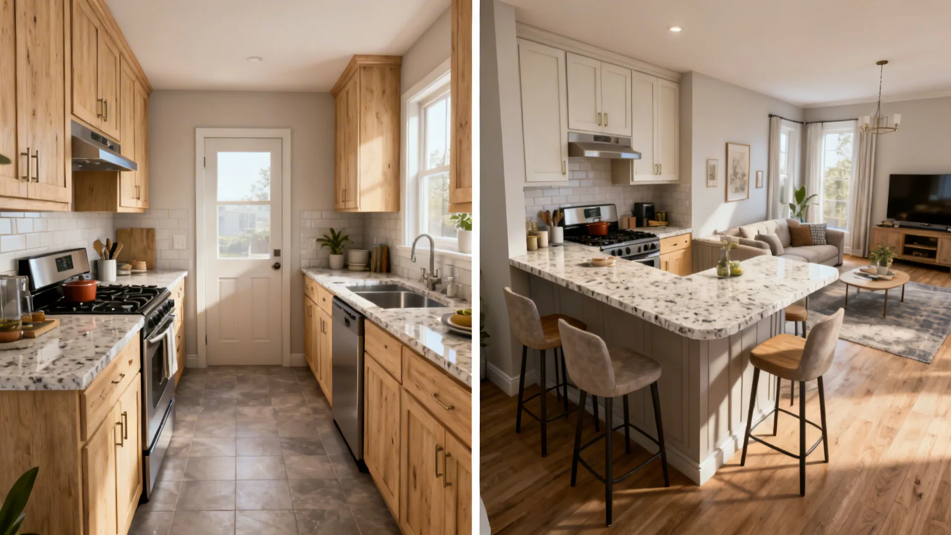 Before-and-after of a one-wall kitchen transformed into an L-shaped layout with more counter space.