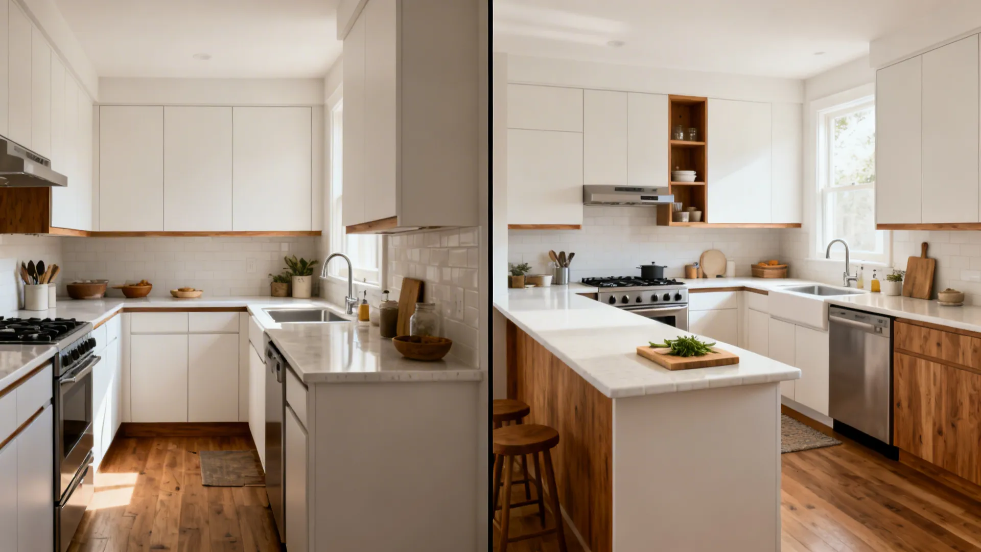 Before-and-after showing a U-shape converted to an L-shaped kitchen with a long continuous counter.