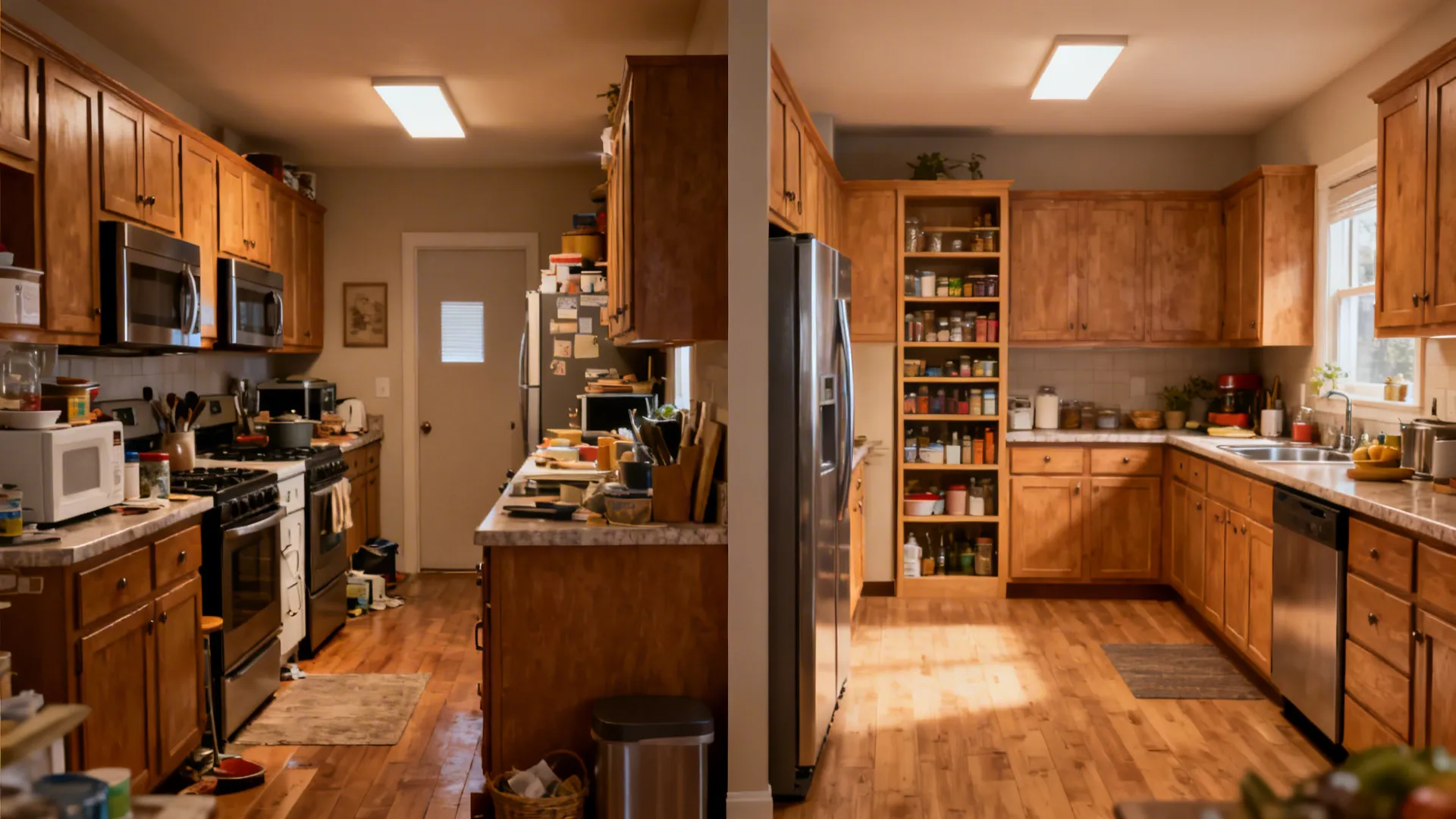 Before-and-after of a 6x8 kitchen transforming from crowded one-wall to efficient L-shape.