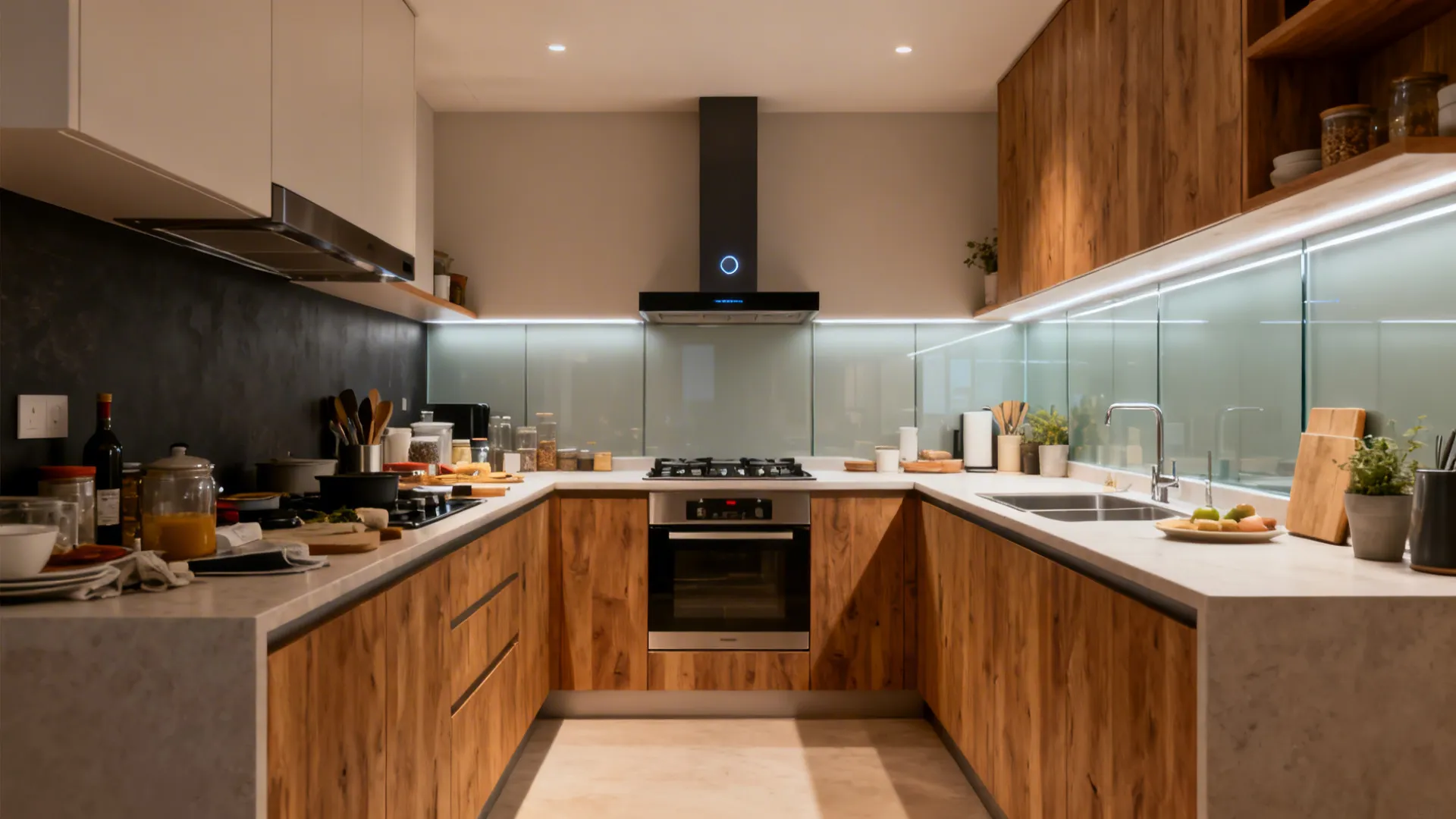 Before-and-after of a small kitchen shifting to an L-shaped layout with a centered chimney hood.