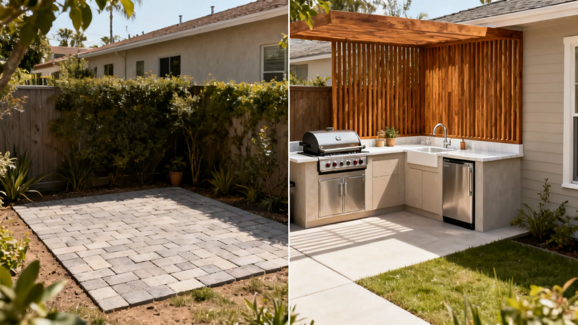 Before-and-after of a small patio transformed into an efficient L-shaped outdoor kitchen