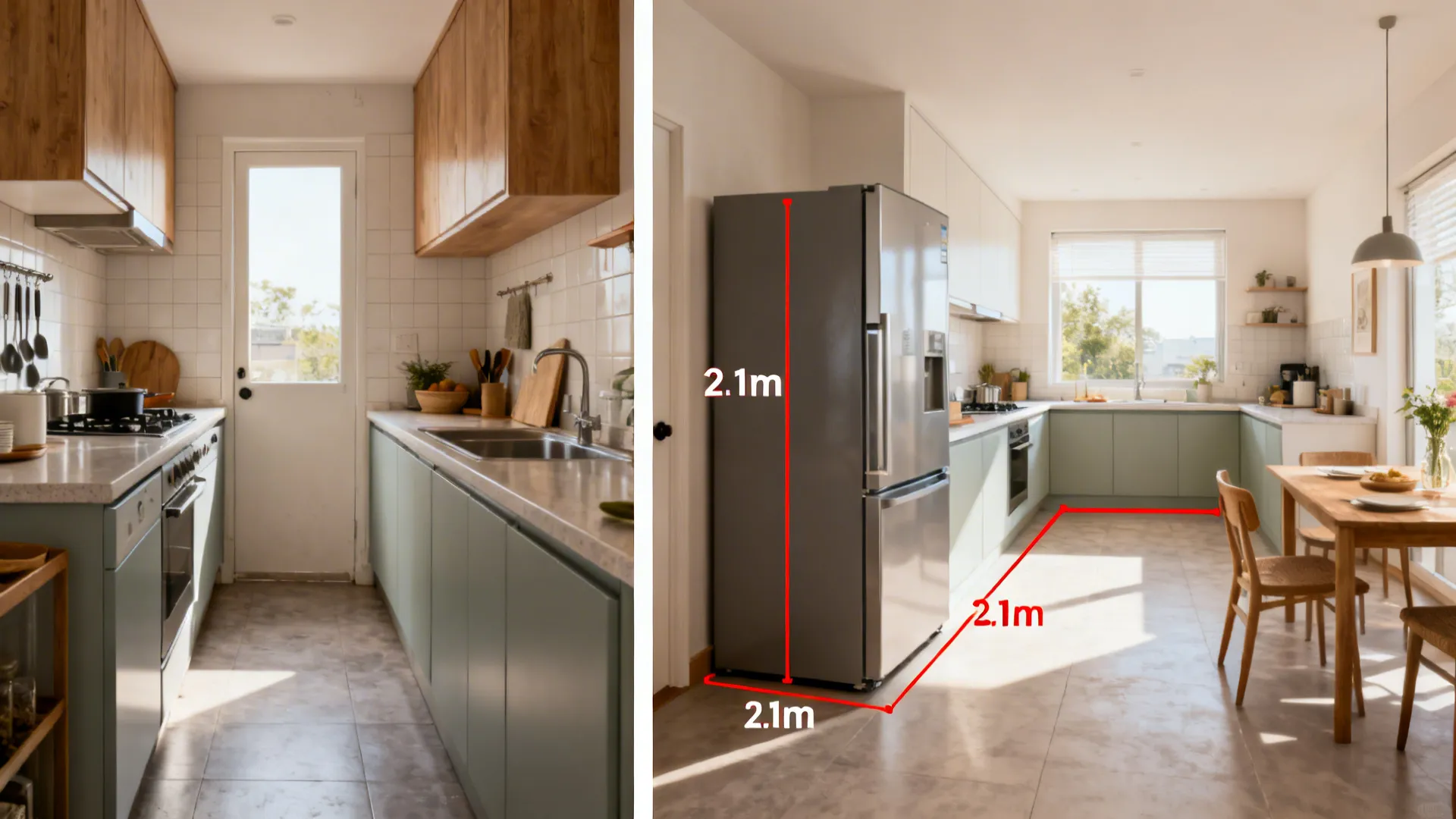 Kitchen renovation before and after showing room layout changes with red measurement lines and silver fridge