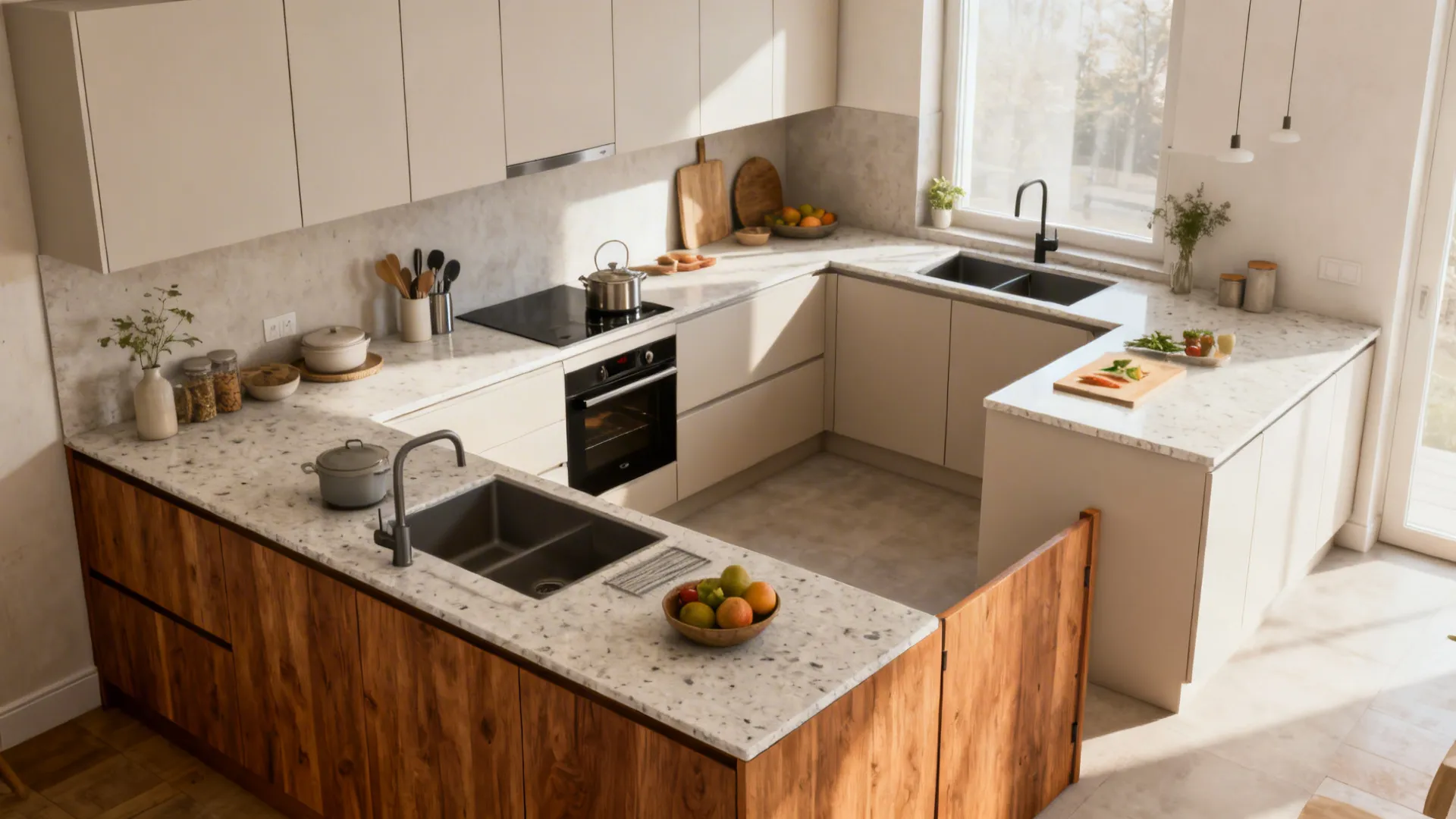 Modern kitchen design with white upper cabinets wood lower cabinets stone countertops and a sink