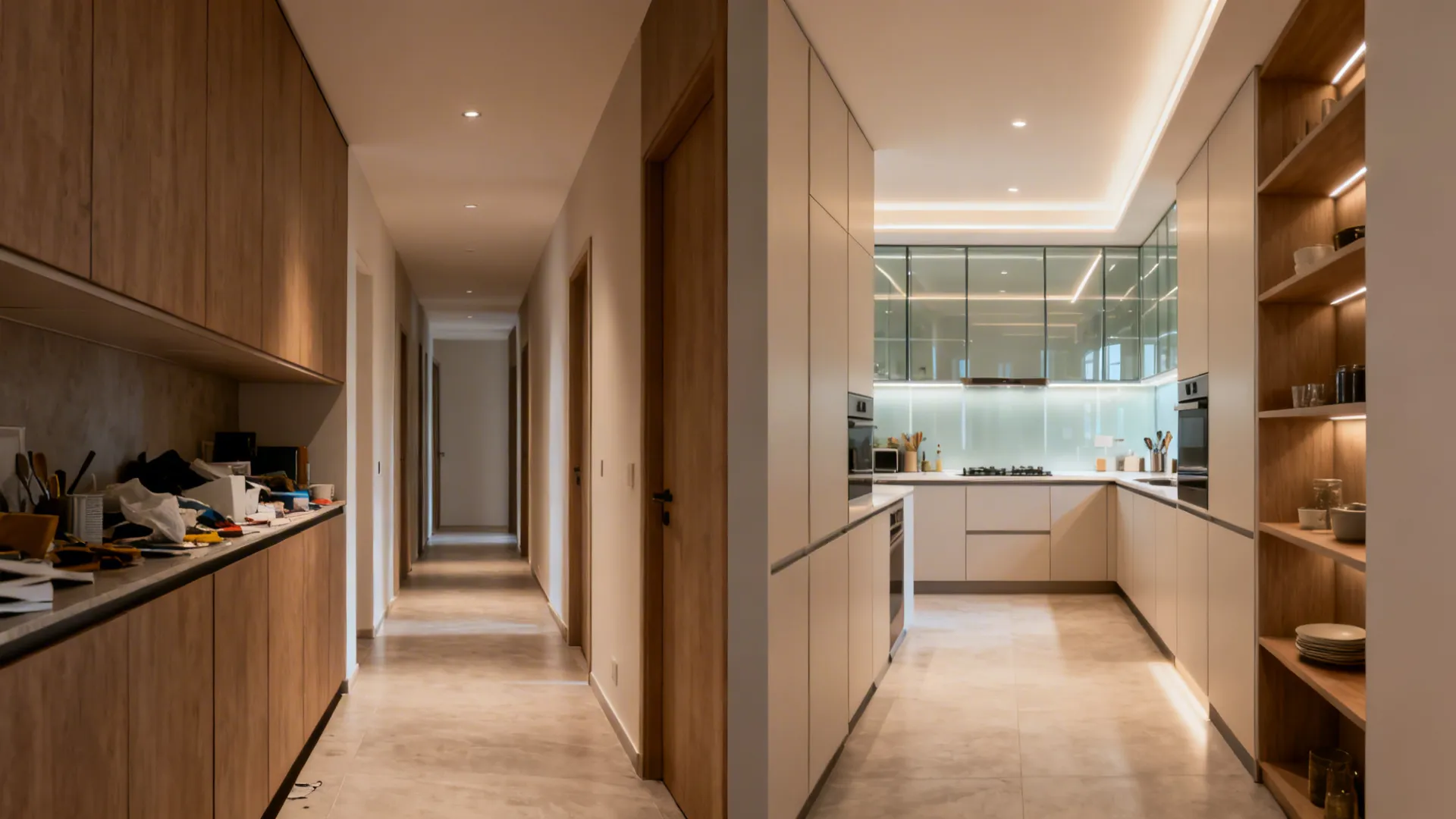 Before-and-after comparison from a cramped straight run to a bright L-shaped open kitchen in a hall.