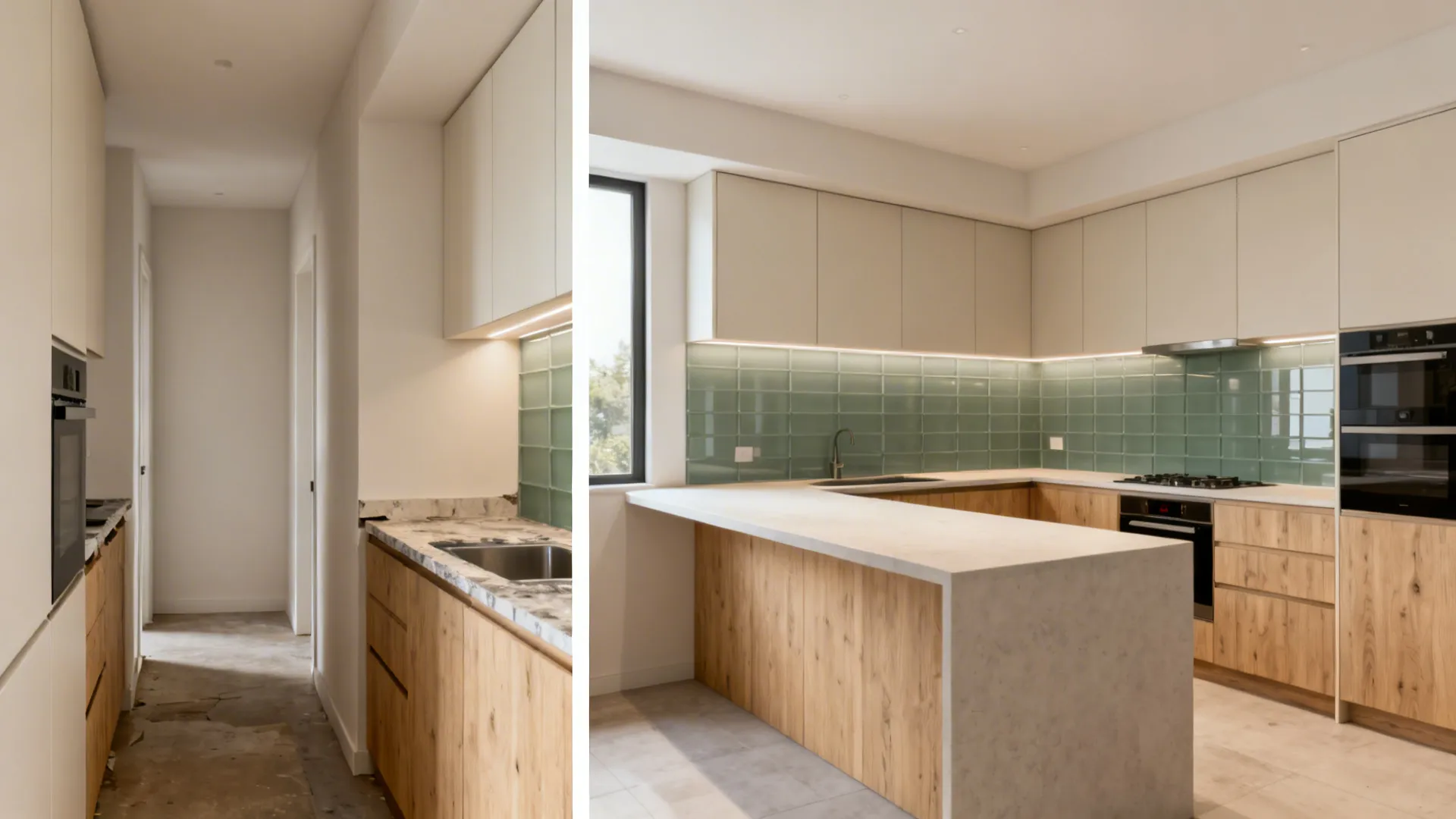 Before-and-after small kitchen from corridor to L-shaped with continuous counters.