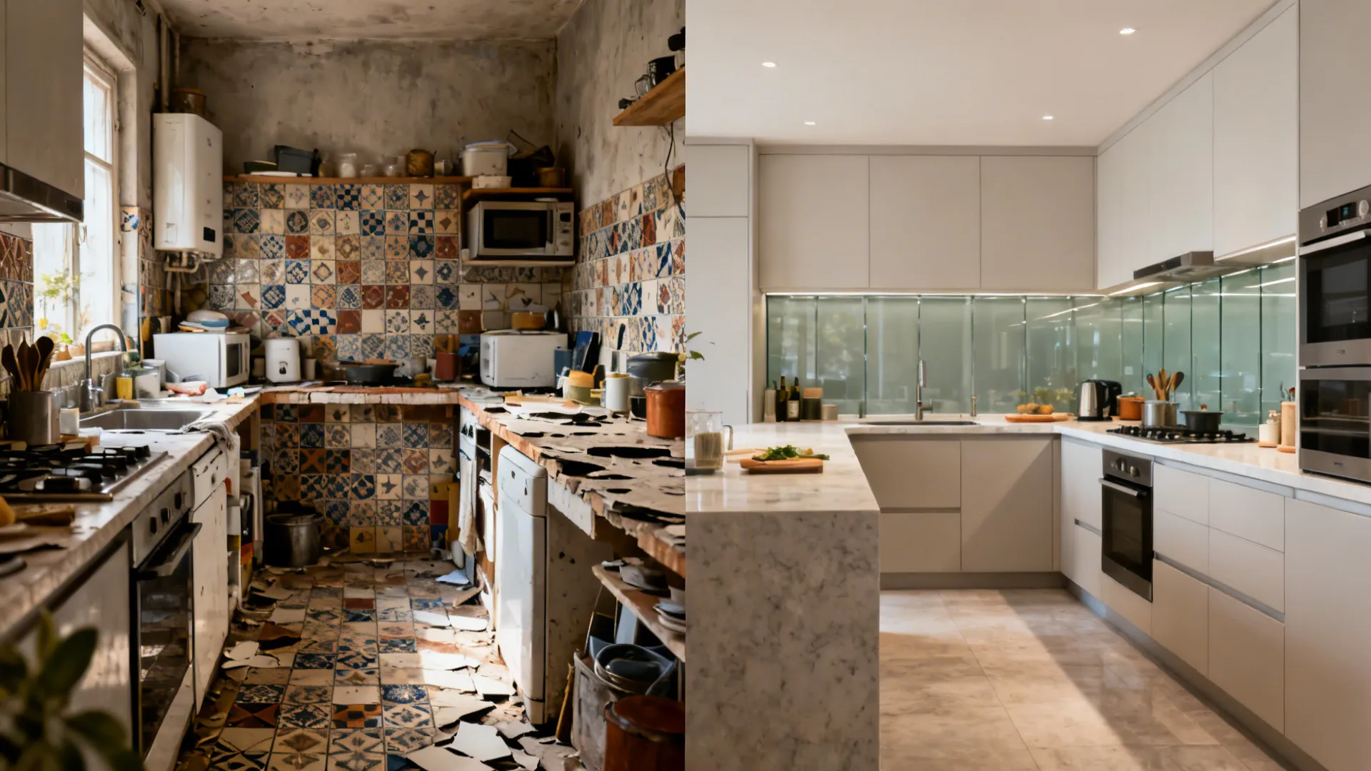 Side-by-side scene showing a cluttered small kitchen and a streamlined L-shaped redesign.