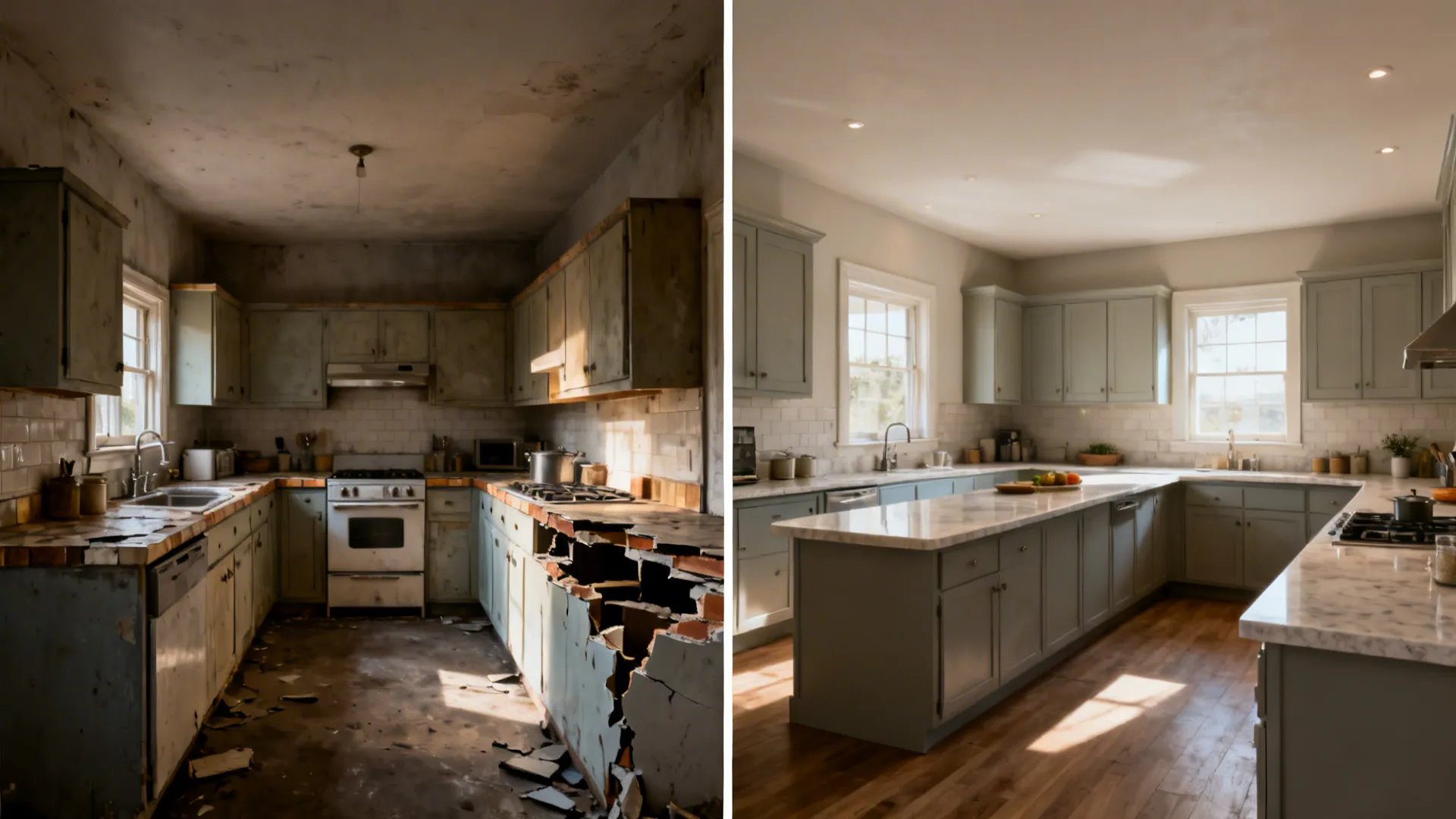 Before-and-after of a small kitchen changing from U-shape to L-shape with continuous counter space.