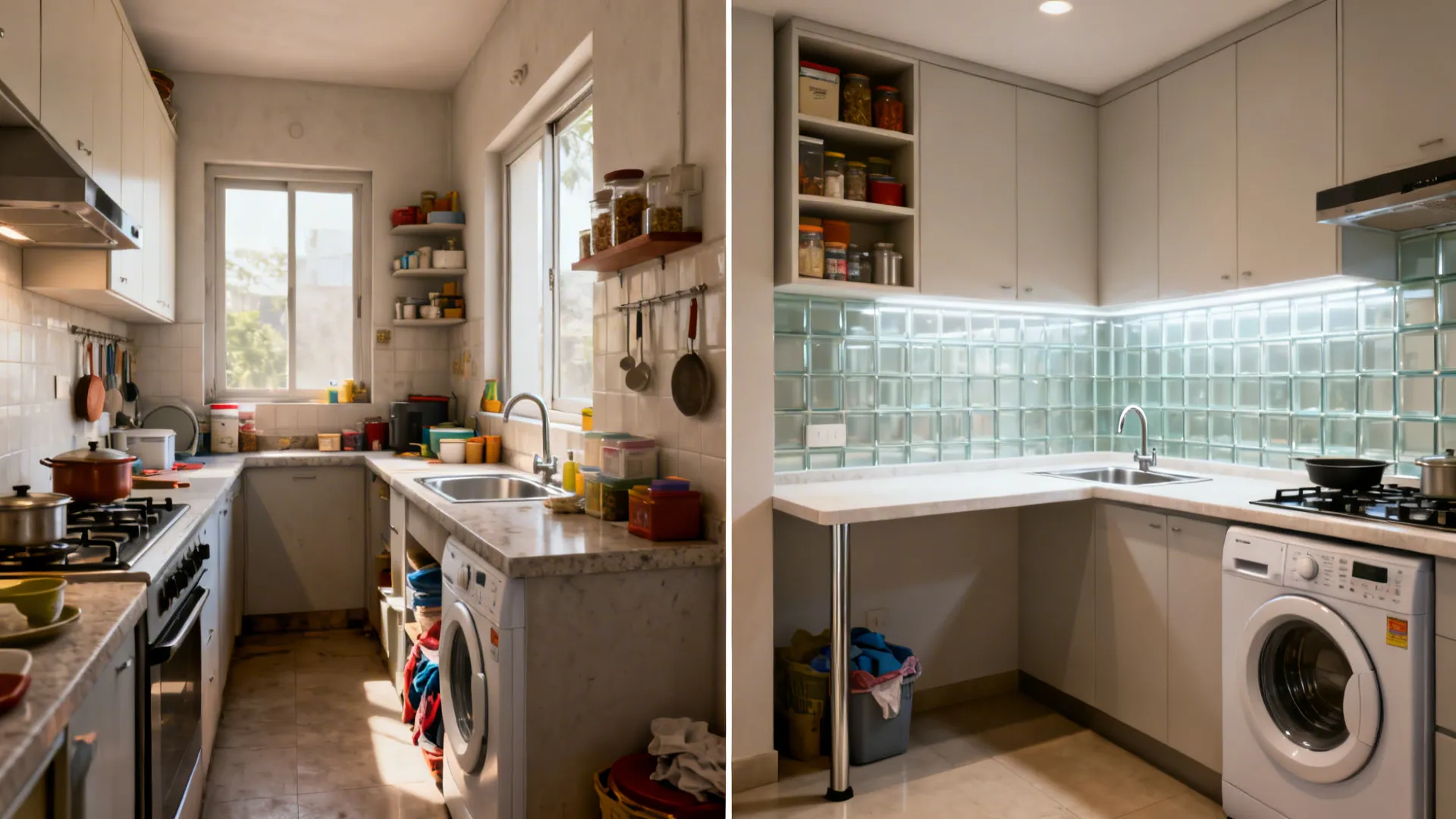 Before-and-after showing a cramped straight kitchen transformed into an L-shaped layout with utility sink.