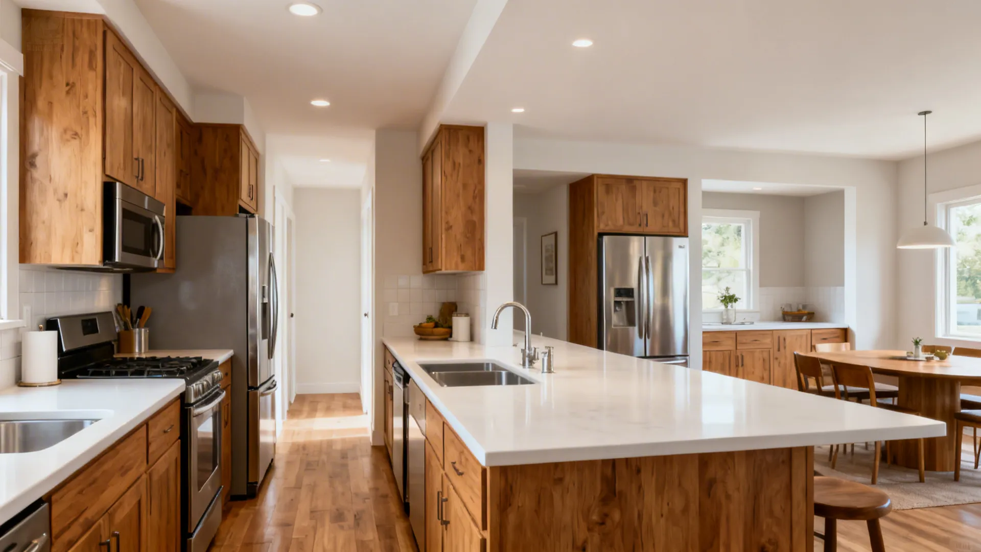 Before-and-after view comparing a cramped galley to an L-shaped layout with the fridge in the dining niche.