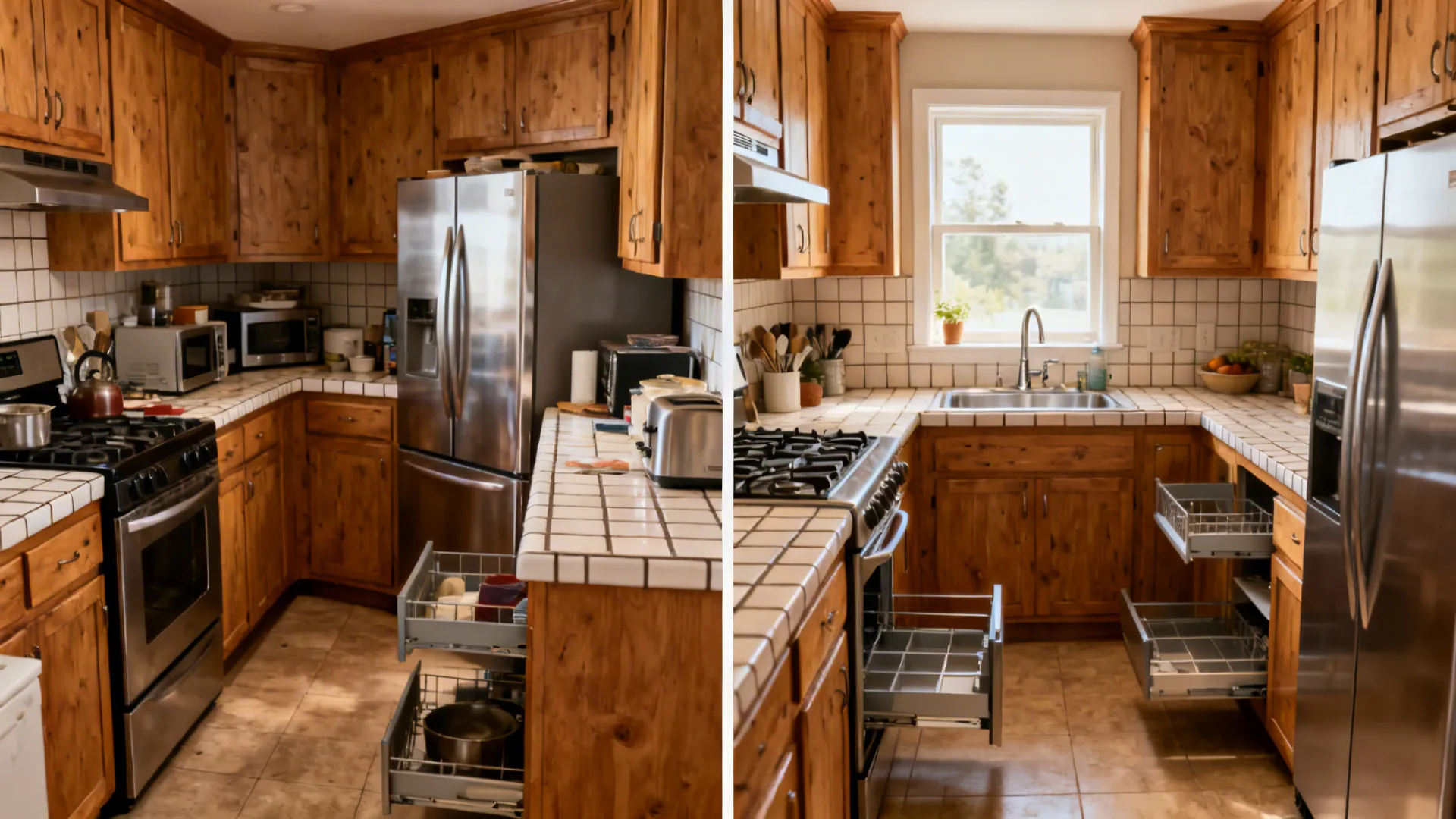 Before-and-after comparison of a kitchen showing organized wooden cabinets with open drawers and bright lighting