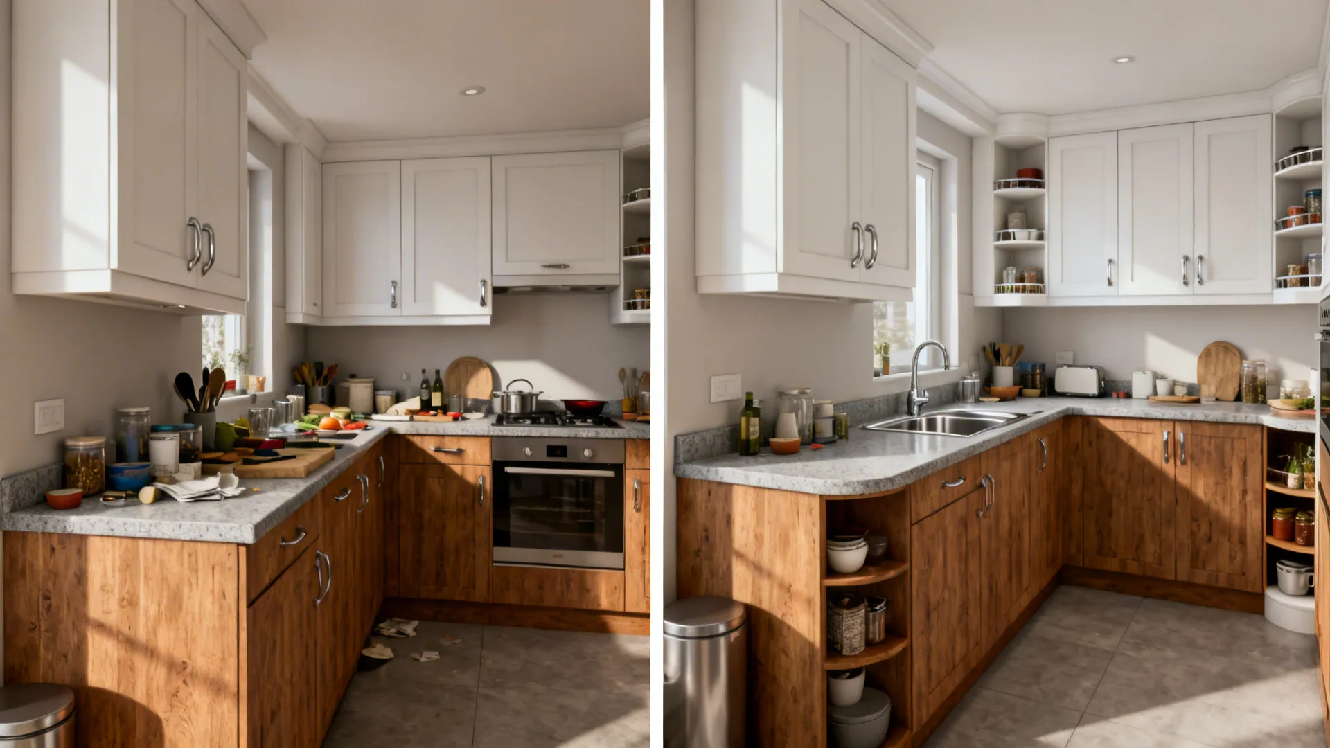 Before-and-after L-shaped kitchen showing a clear prep run, sink repositioning, and improved corner storage.