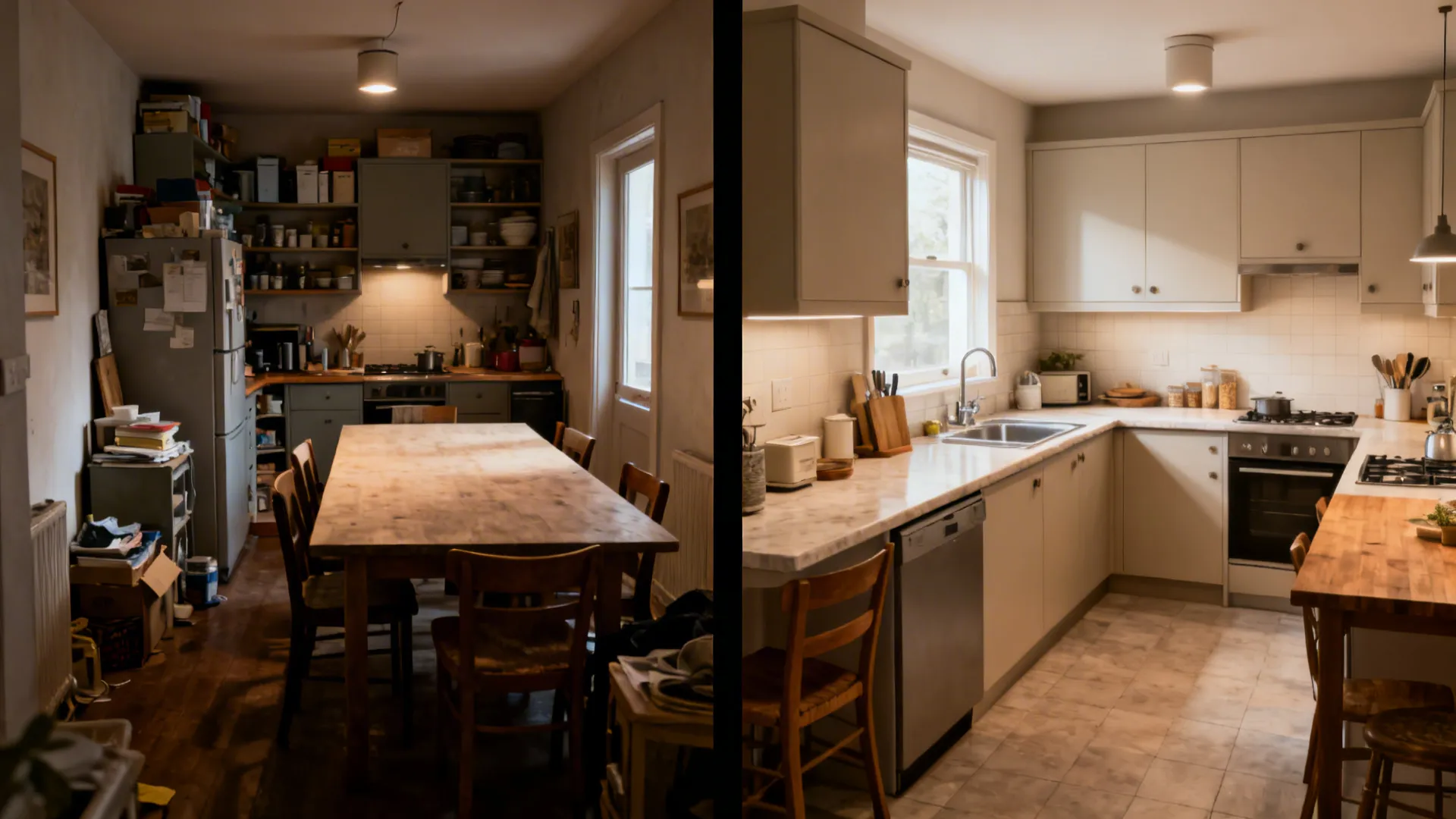 3) Flexible L-shaped layout with tuck-in dining