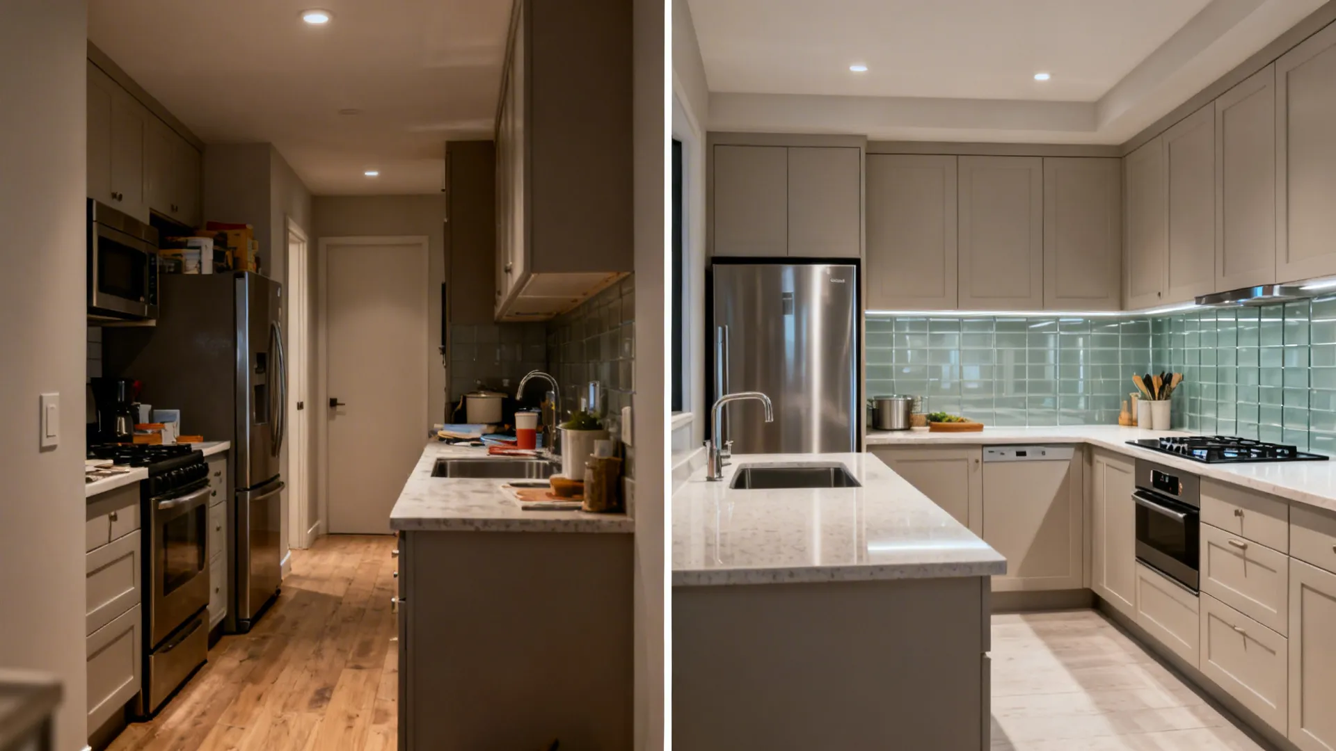 Before-and-after of an 8x10 kitchen from galley to efficient L shape with more prep space.