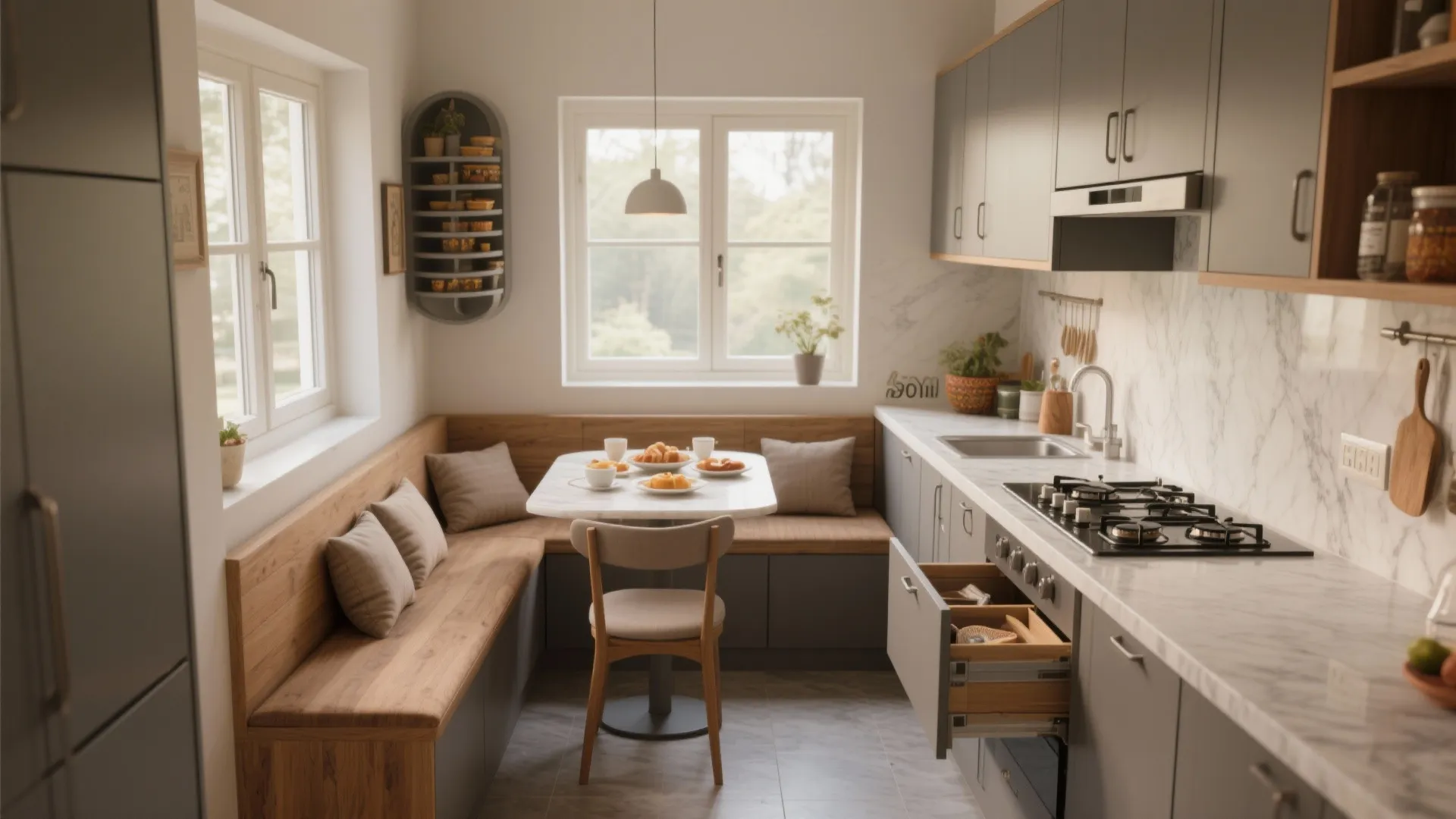 Small kitchen breakfast nook with wooden bench seating white marble table and grey cabinet storage units