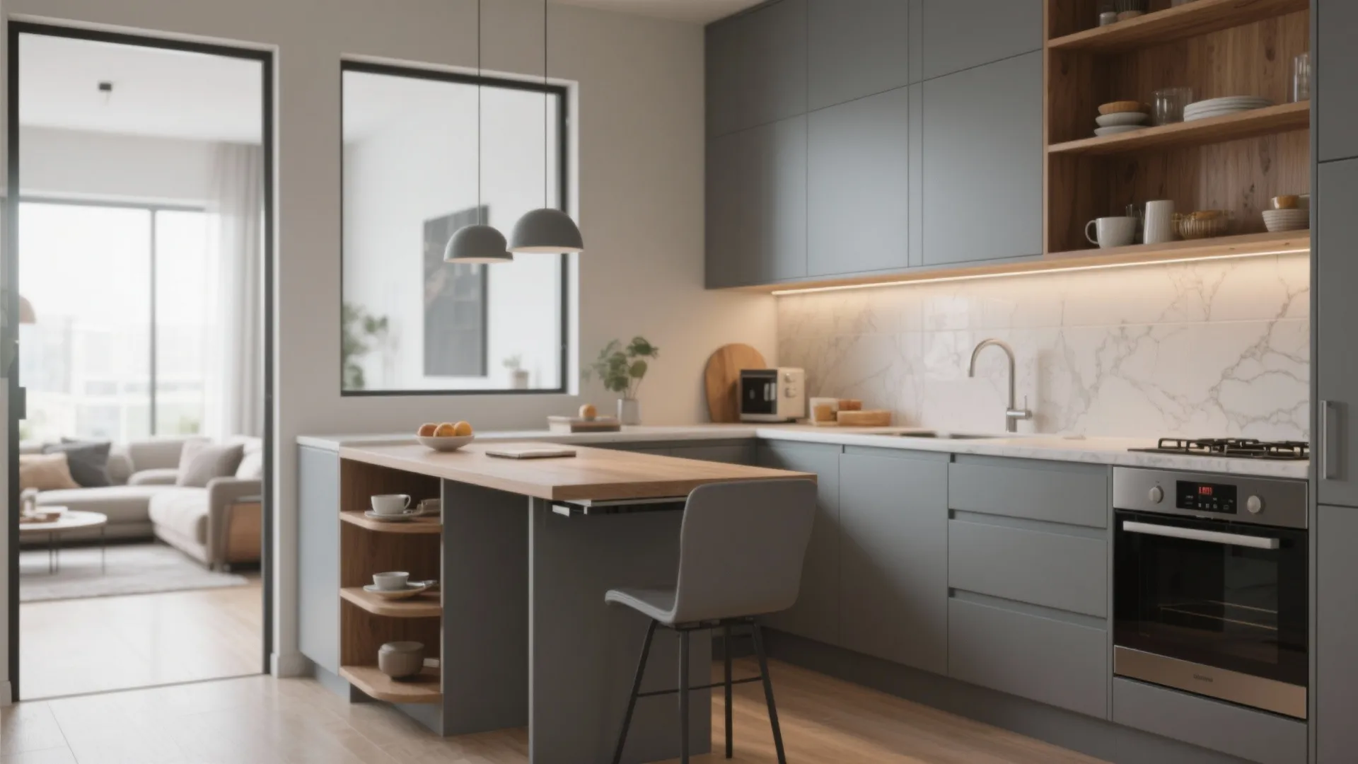 2. L-shape with a cozy breakfast shelf