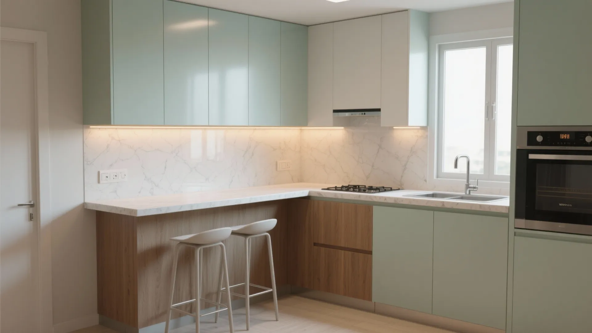 L-shaped small kitchen with a breakfast ledge