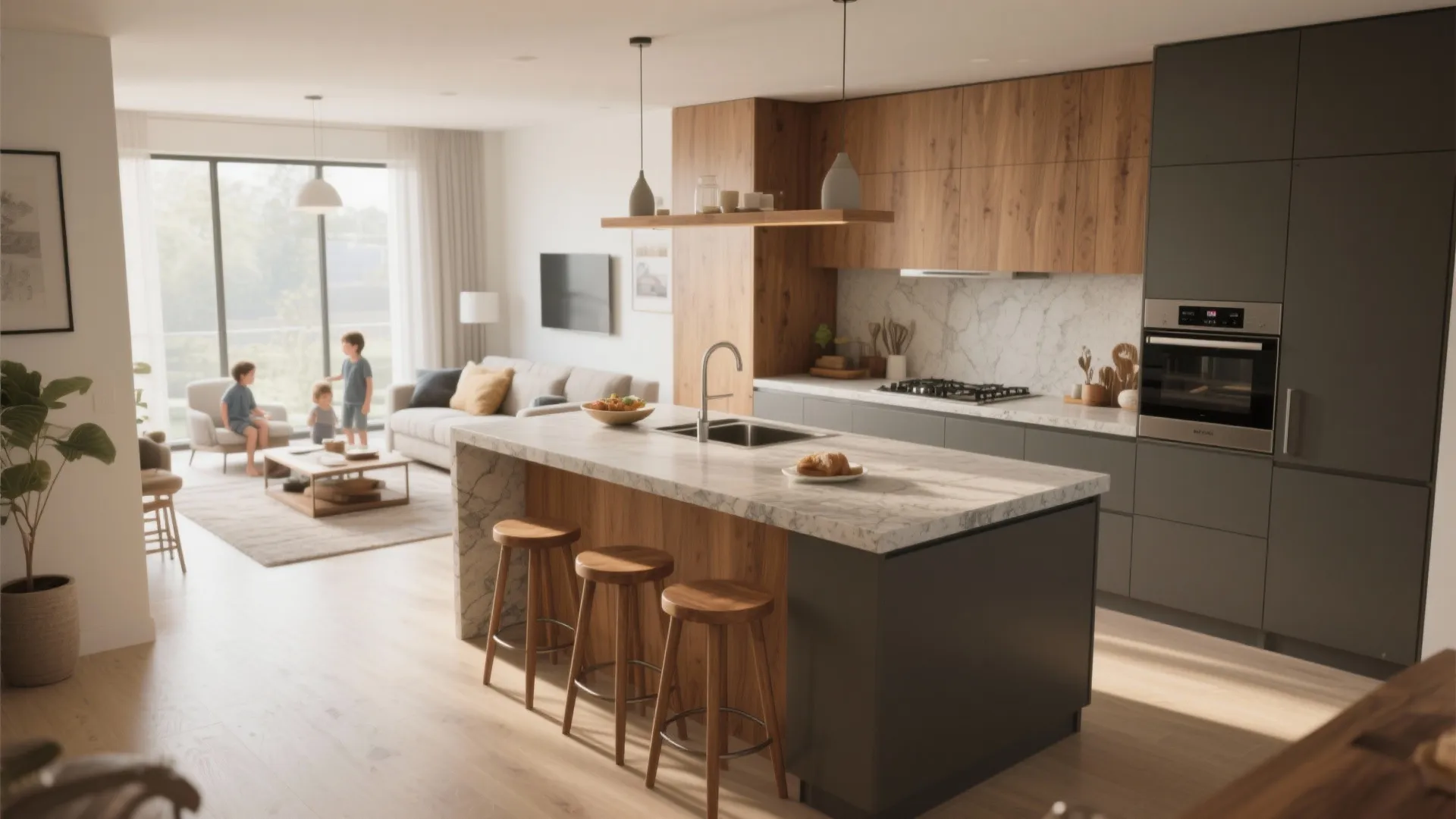 Modern kitchen island with marble top and wooden stools in open plan living room area