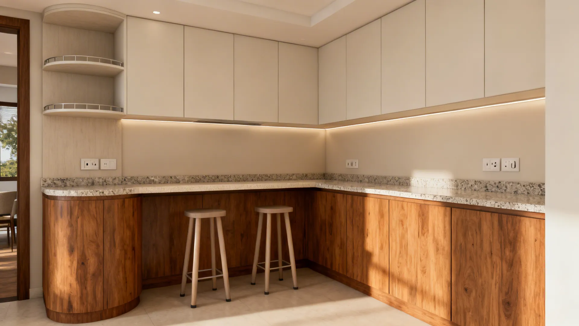 L-shaped compact kitchen with a shallow breakfast ledge and warm wood lower cabinets.