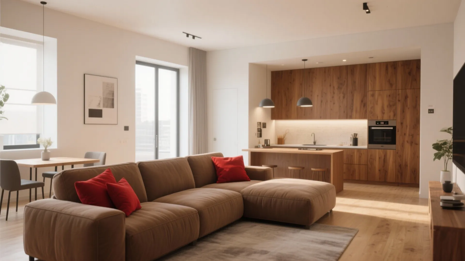 9. L-Shaped Sofa in Neutral Brown with Red Accents