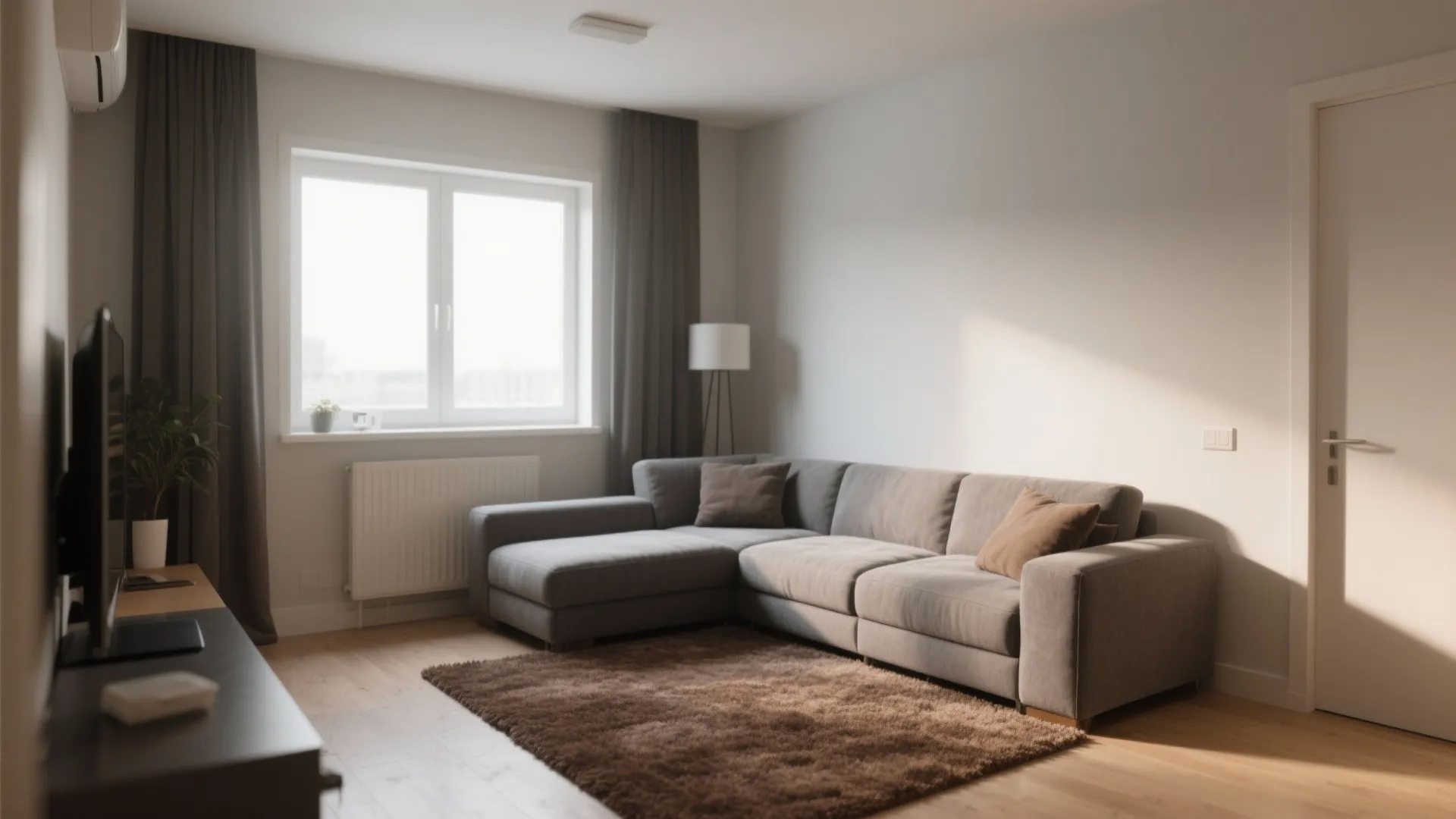 Minimalist living room featuring grey sofa brown rug white walls window and dark wood television