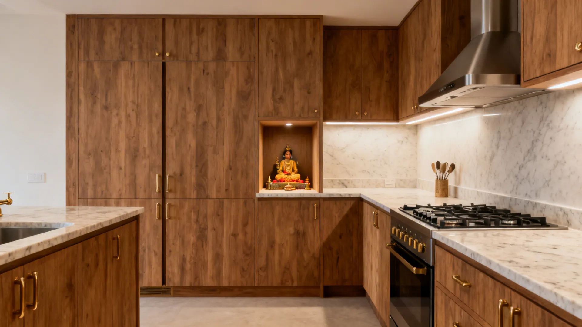 L-shaped kitchen with a tall-unit buffer and a compact pooja alcove around the corner.