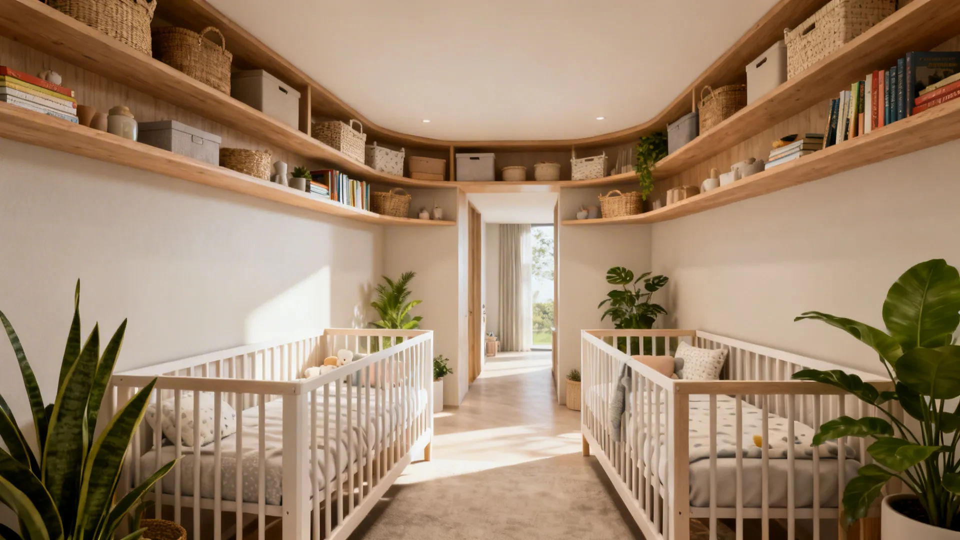 3. L-shaped layout with built-in shelving