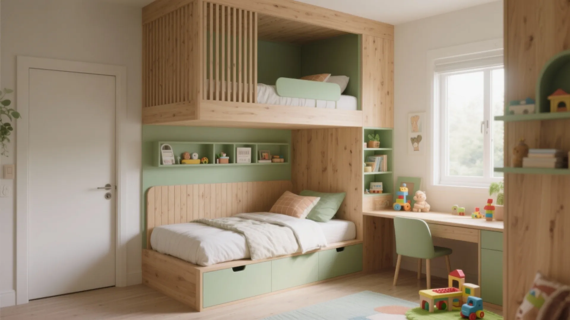 Children bedroom with wooden bunk bed green walls study desk chair and many colorful small toys