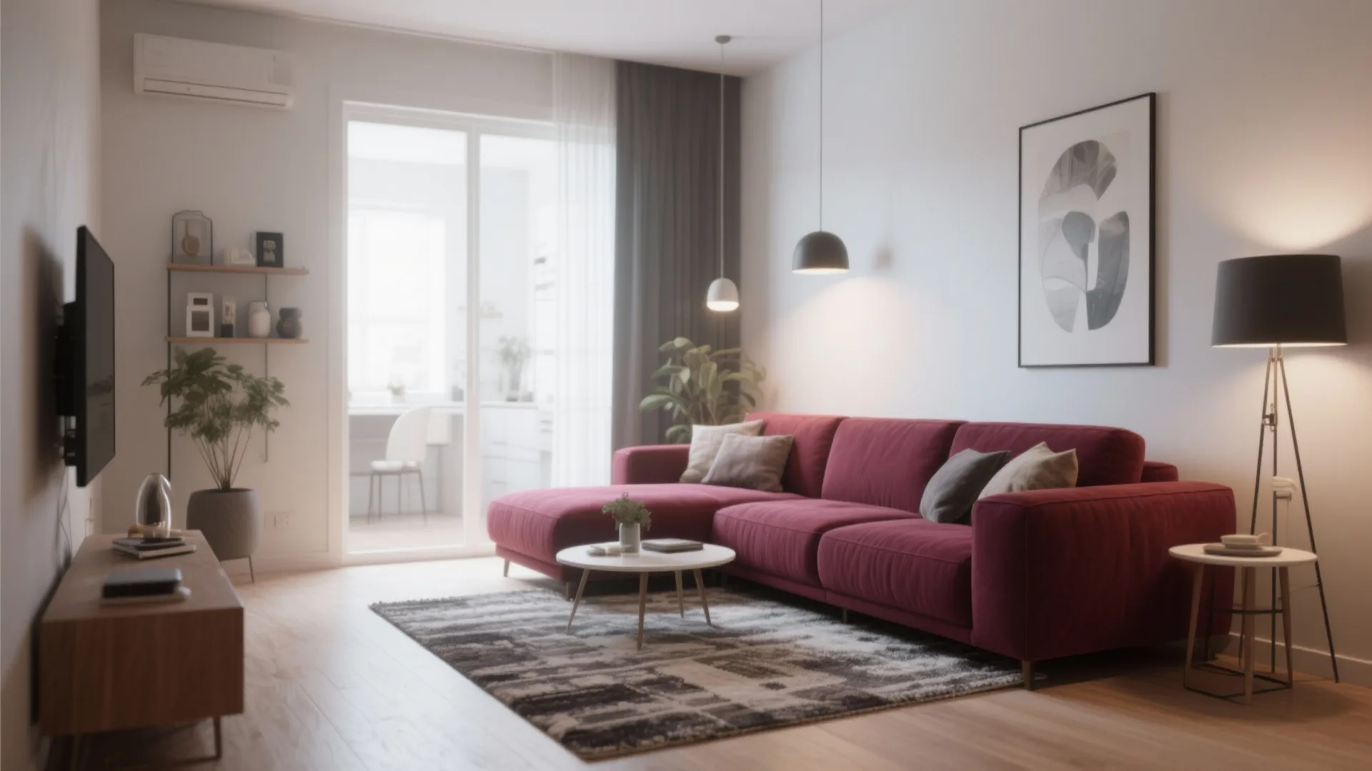 8. L-Shaped Arrangement with a Burgundy Sofa