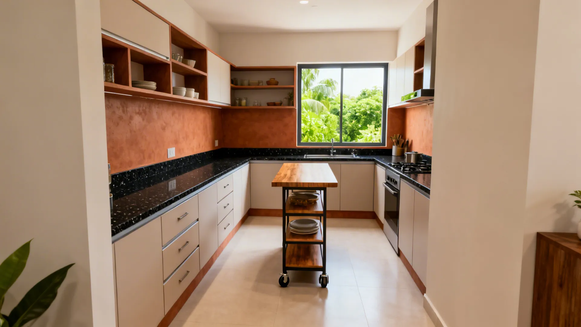 L-shaped Kerala kitchen with a slim wheeled island cart and clear aisle for easy circulation.