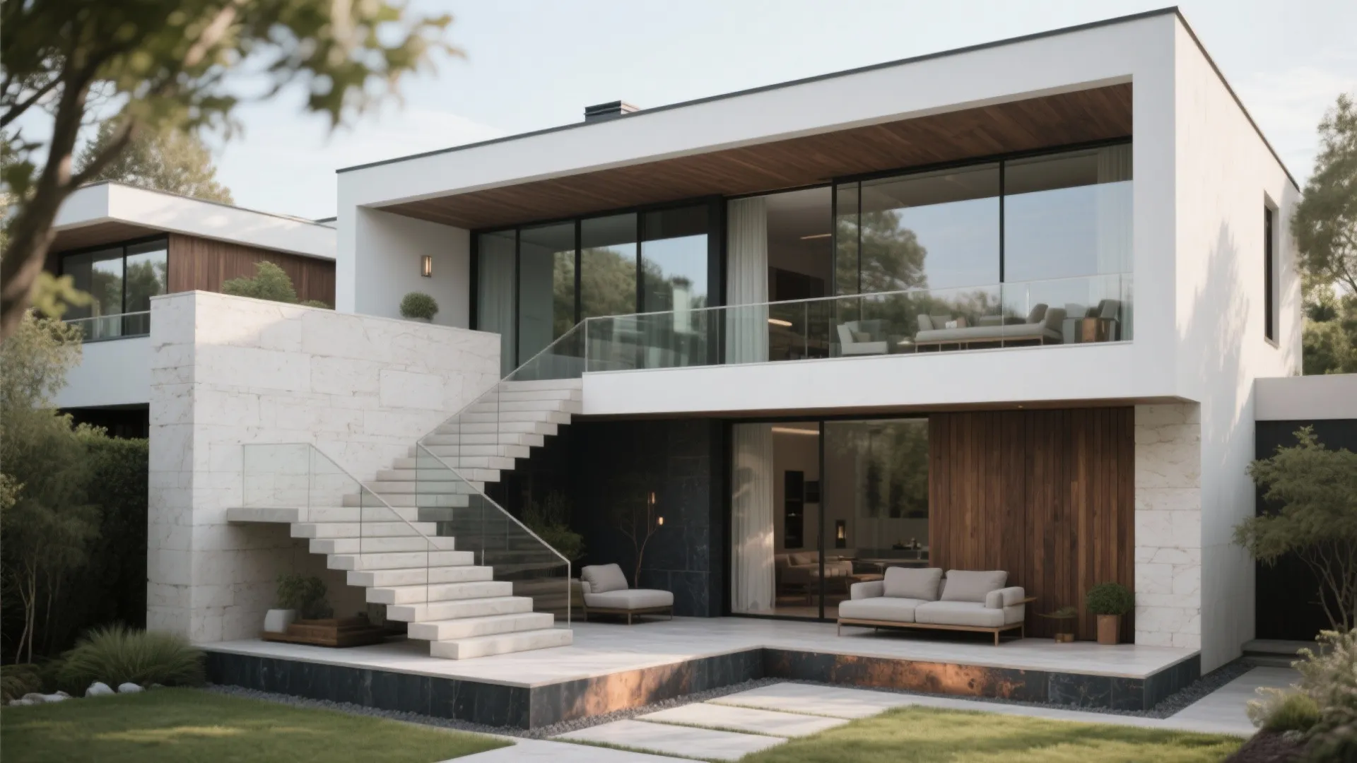 Modern white two-story house with glass stairs and outdoor seating area on wooden wall patio