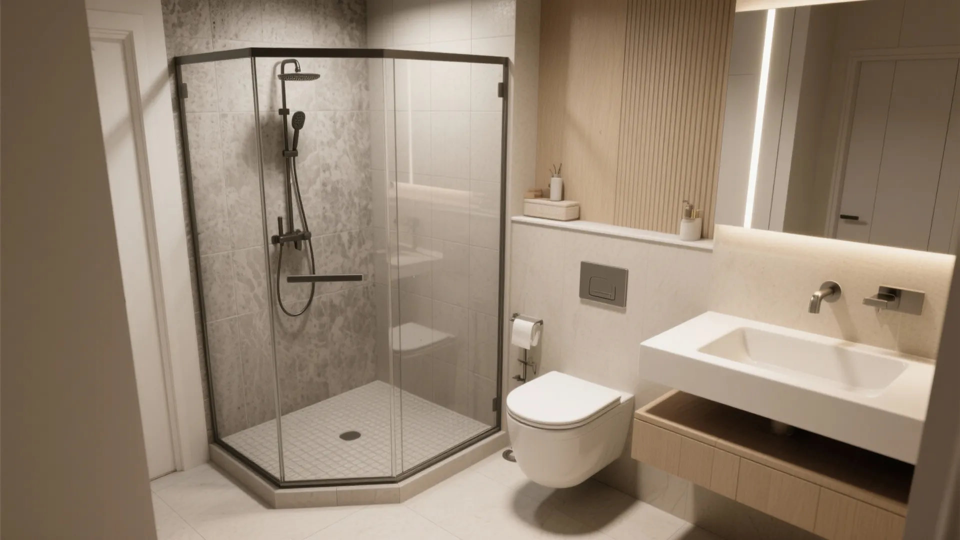Small bathroom interior design featuring glass corner shower white toilet sink and light wood panel